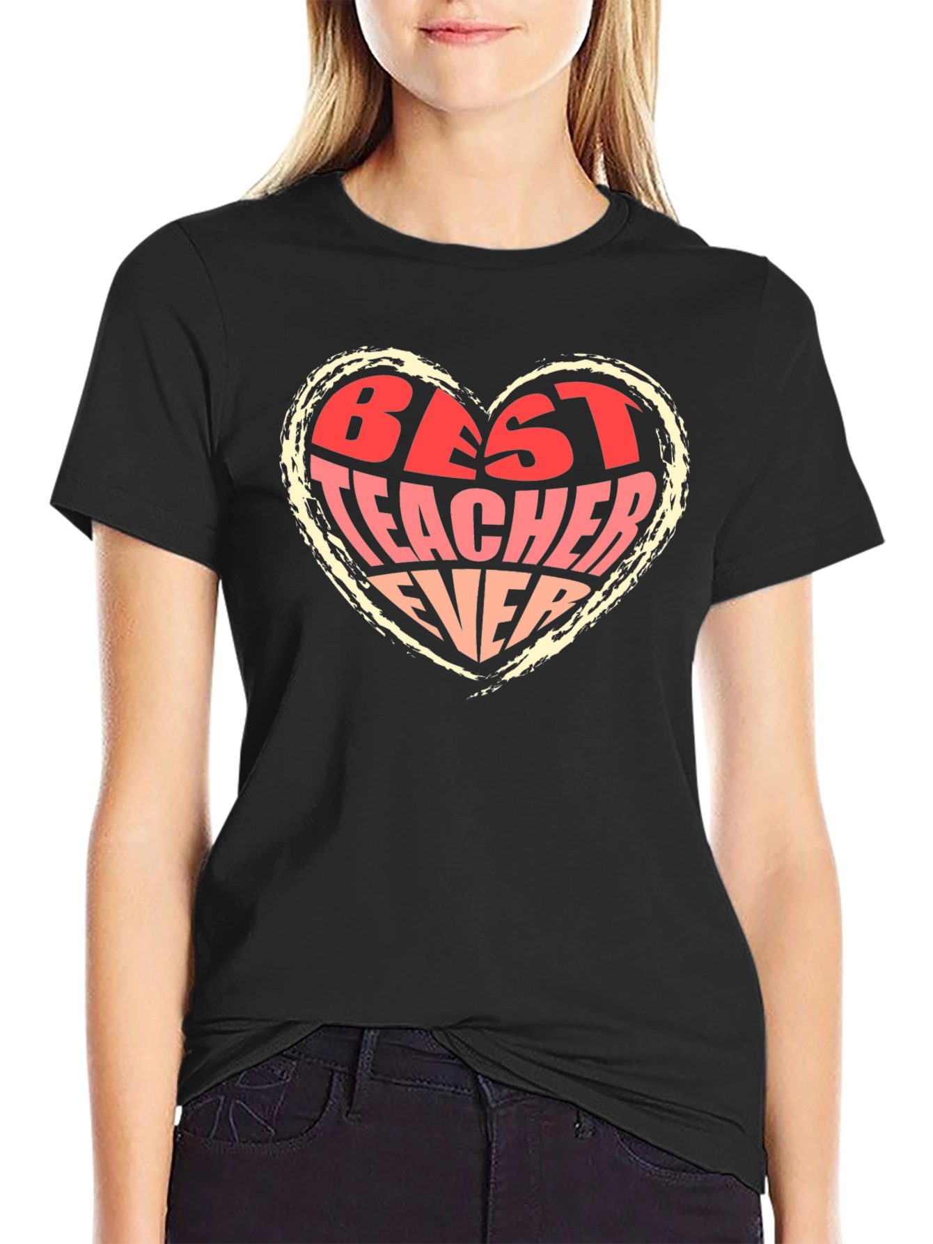 Best Teacher Ever Heart Graphic Tee - Black