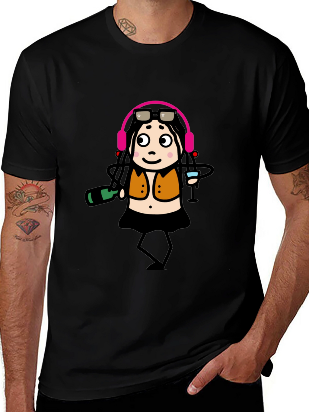 Funky Party Girl Graphic Tee - Black Cotton T-Shirt