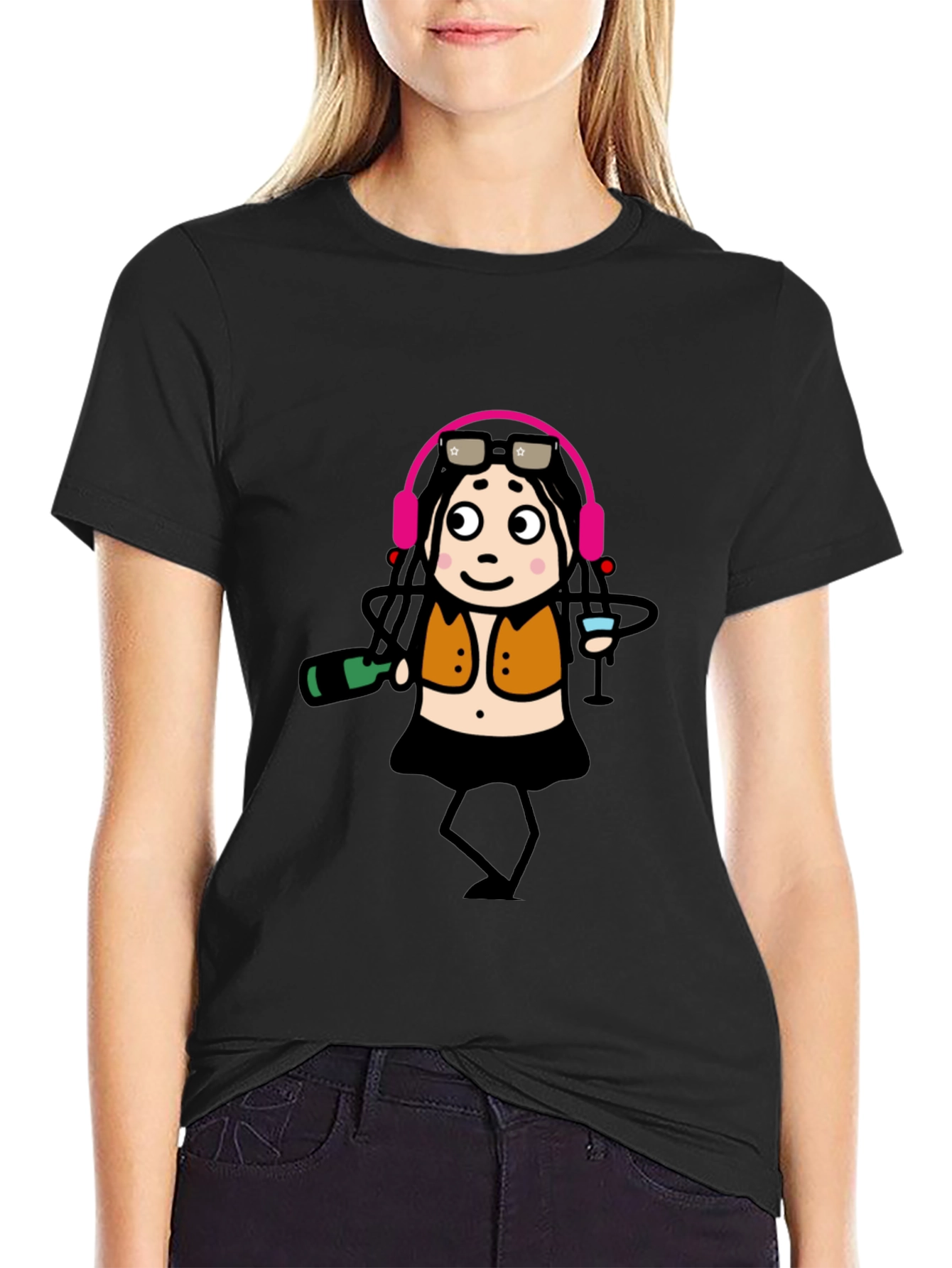 Funky Party Girl Graphic Tee - Black Cotton T-Shirt