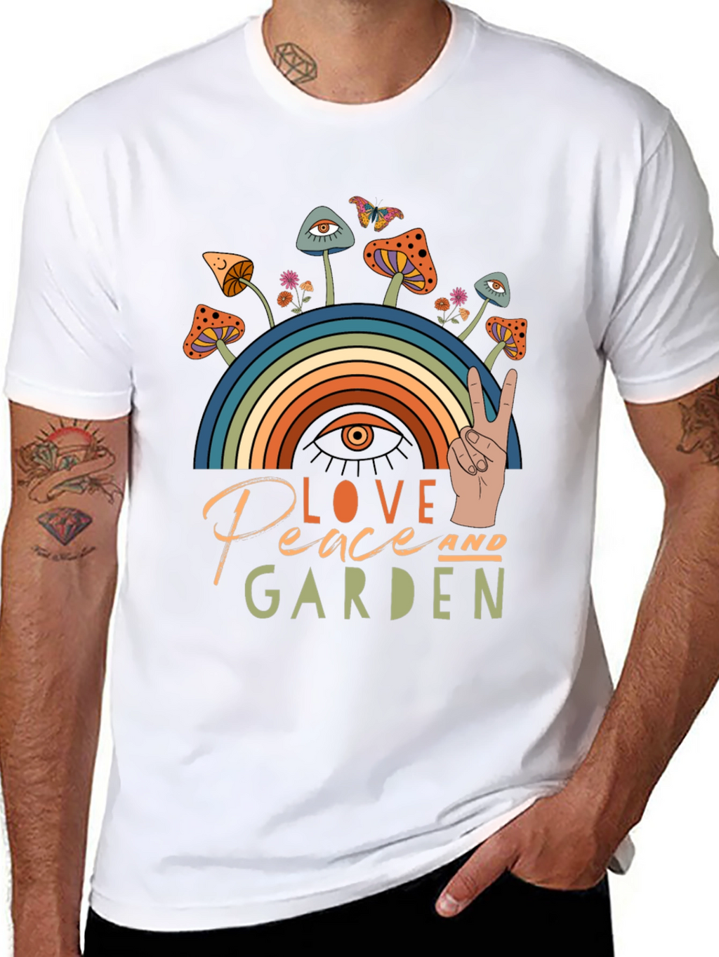 Love Peace Garden T-Shirt Mushrooms Rainbow