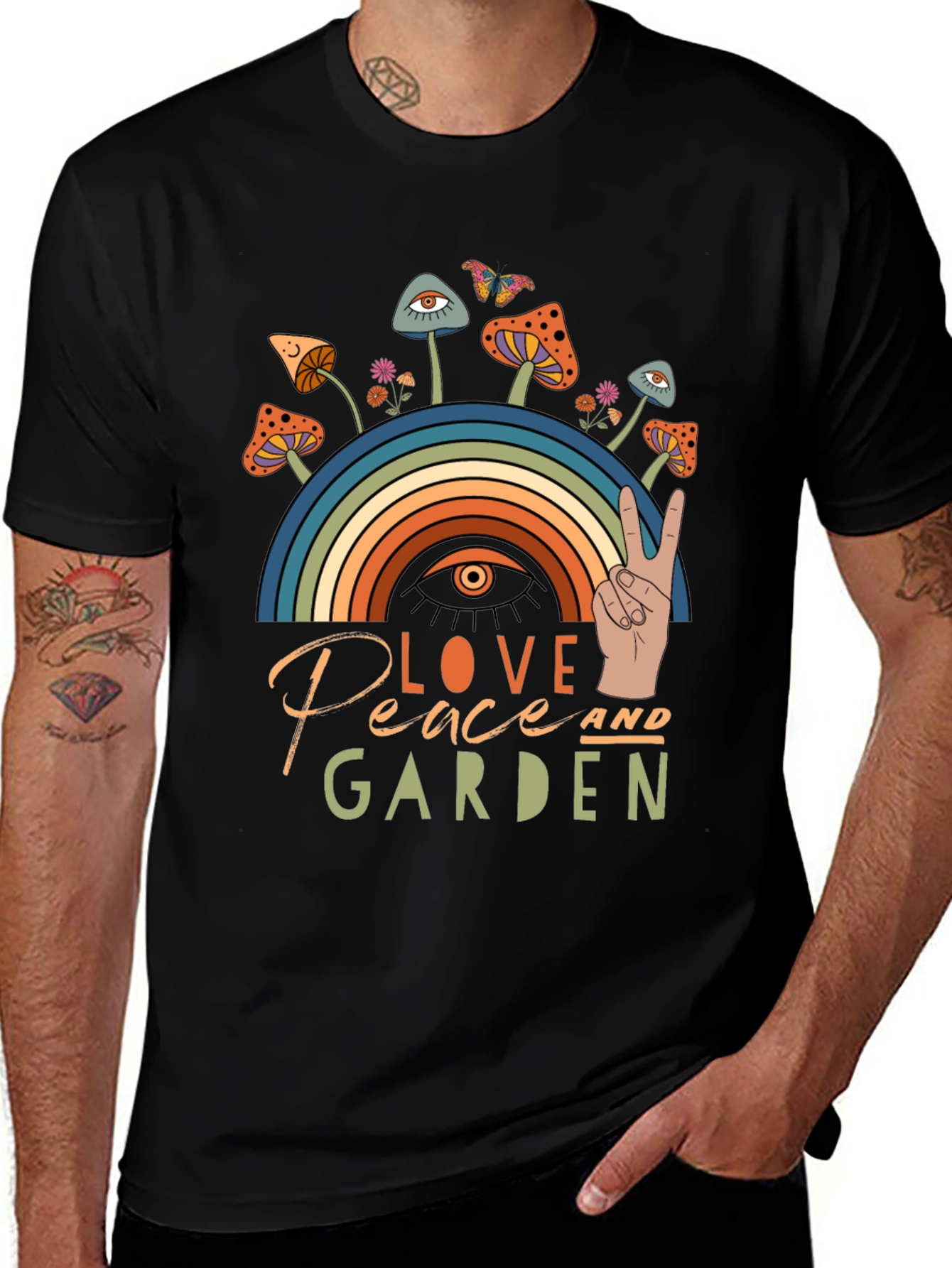 Love Peace Garden T-Shirt Mushrooms Rainbow