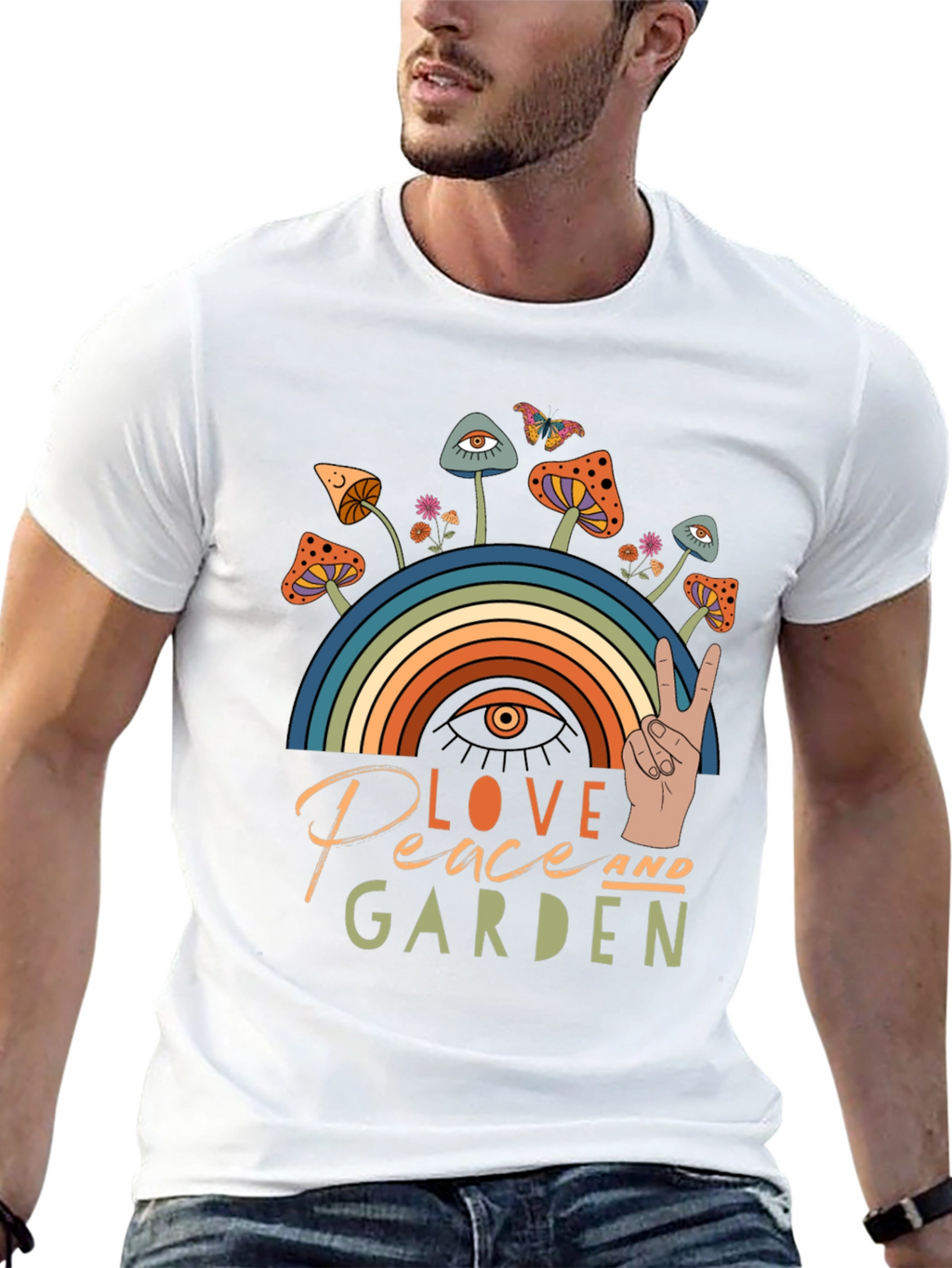 Love Peace Garden T-Shirt Mushrooms Rainbow