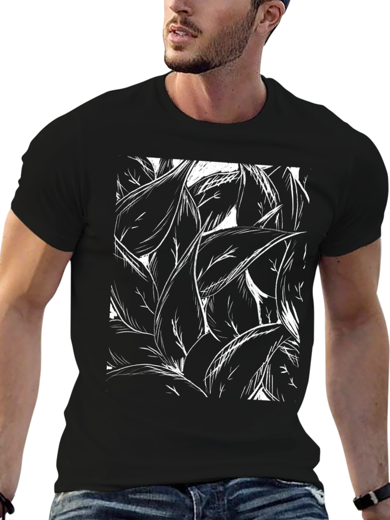 Abstract Leaf Print Black T-Shirt