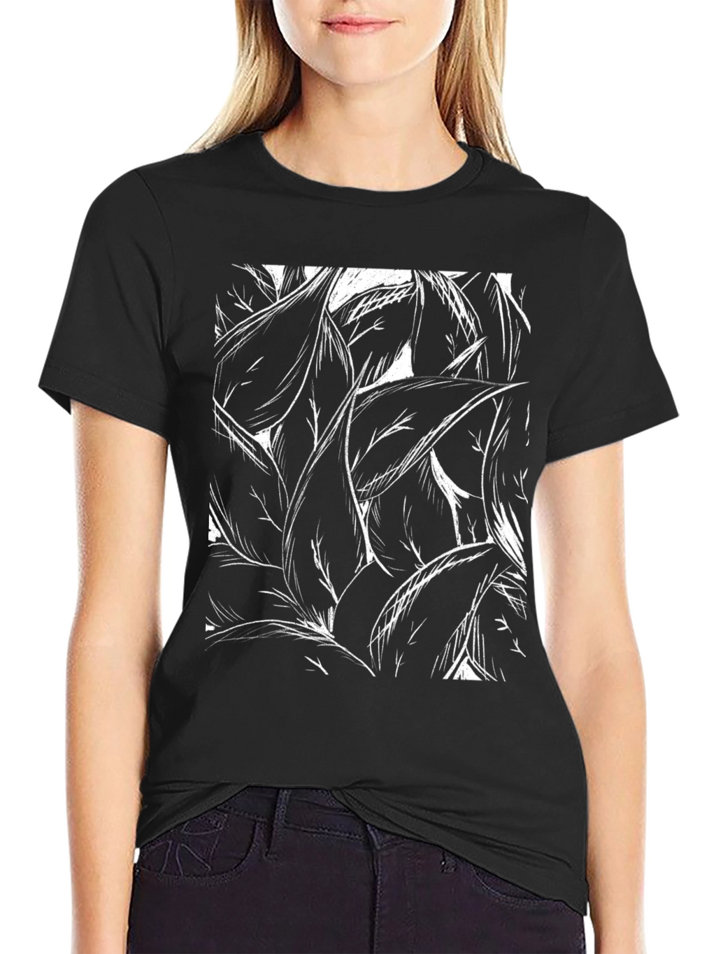 Abstract Leaf Print Black T-Shirt