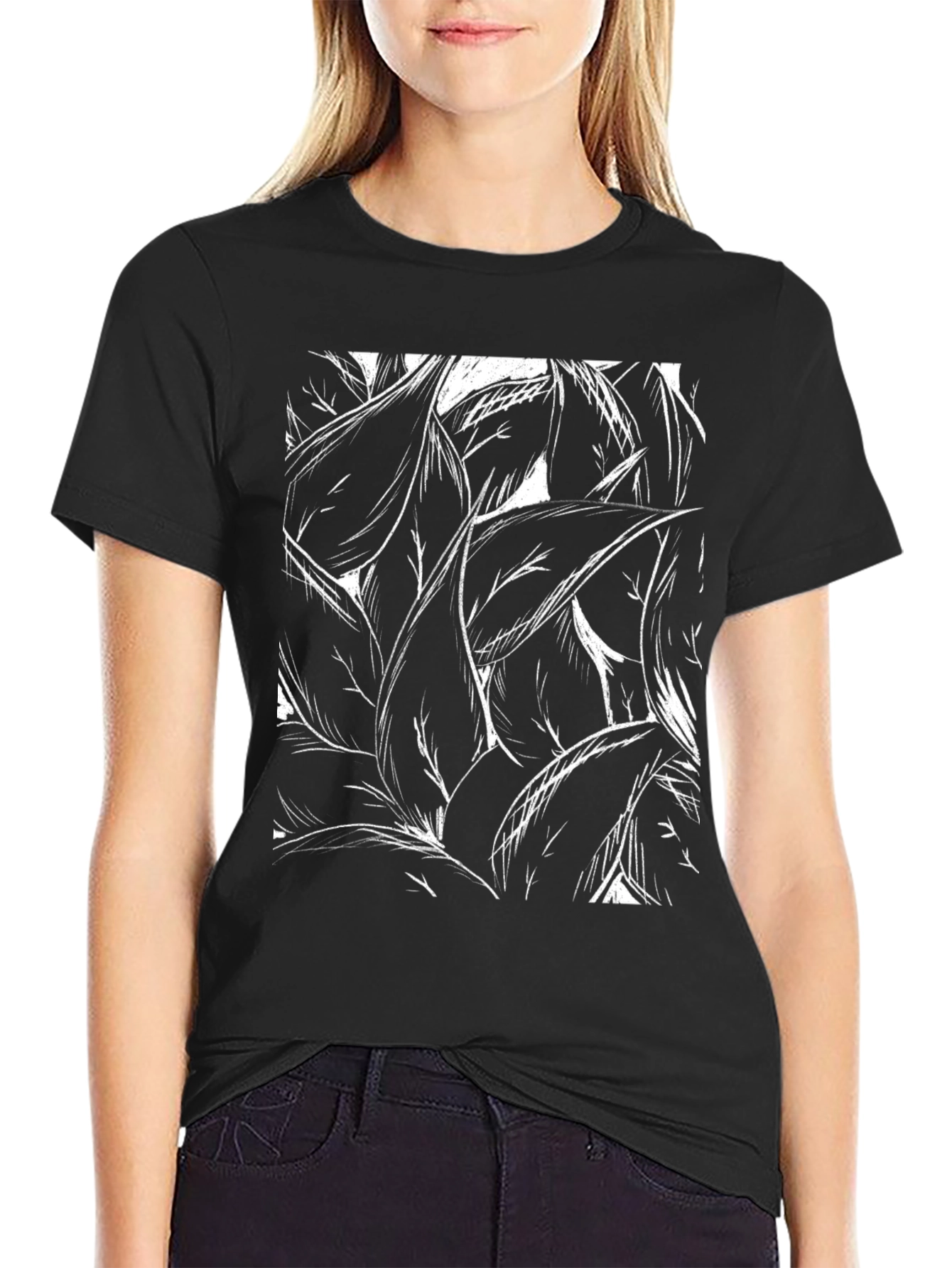 Abstract Leaf Print Black T-Shirt