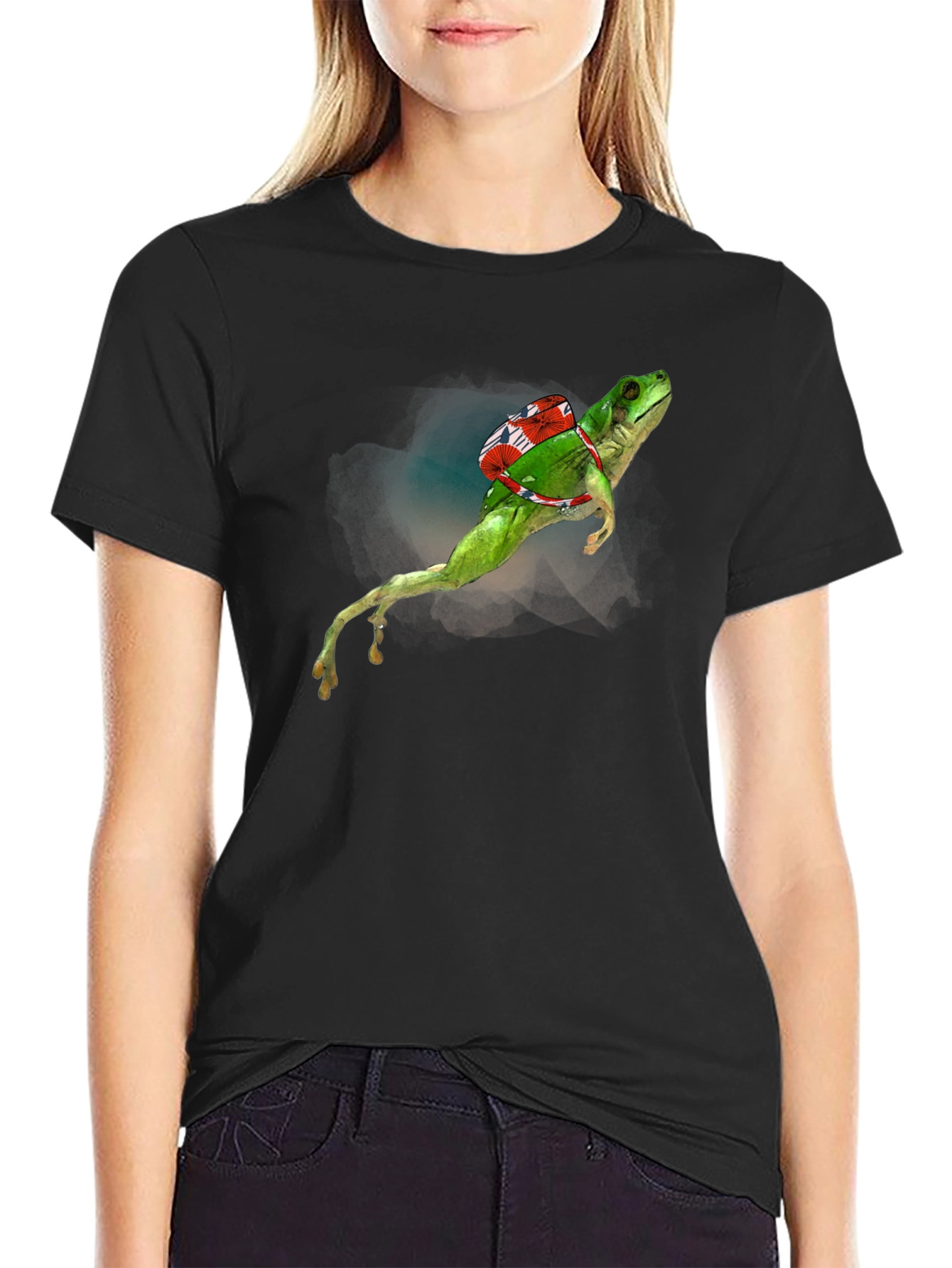 Frog with Backpack Graphic Tee - Black