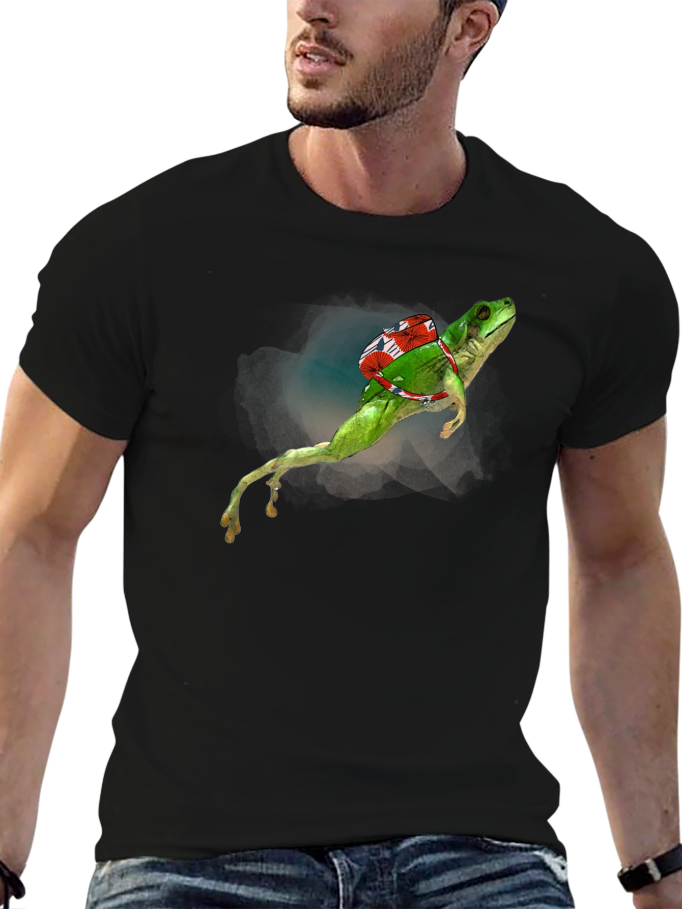 Frog with Backpack Graphic Tee - Black