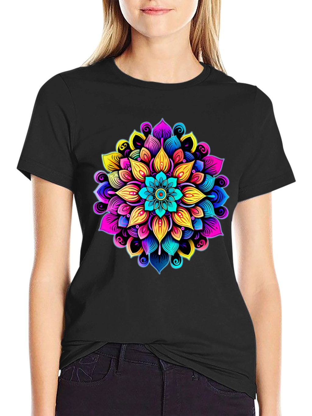 Vibrant Mandala Graphic Black T-Shirt