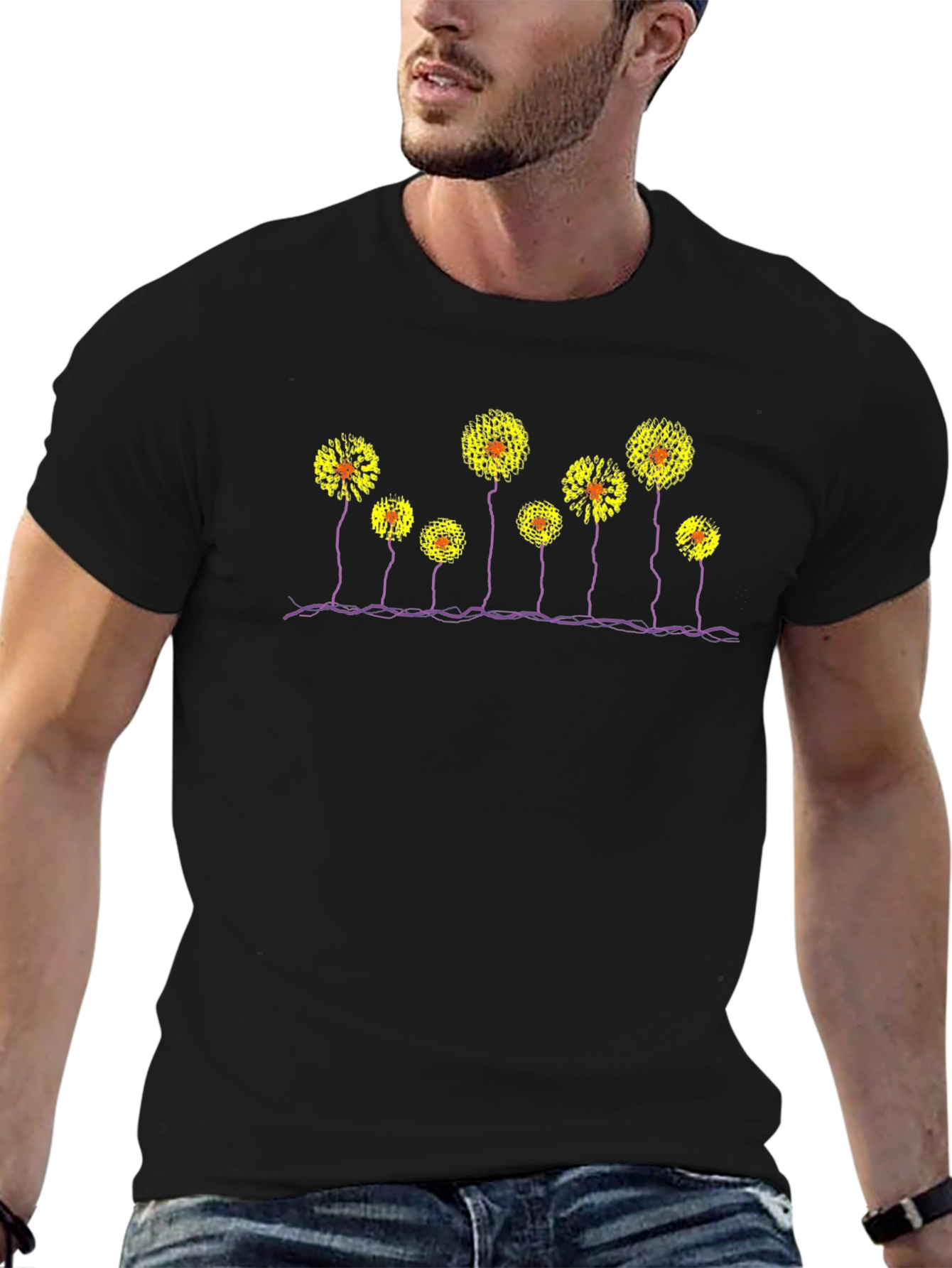 Black T-Shirt with Abstract Flower Design