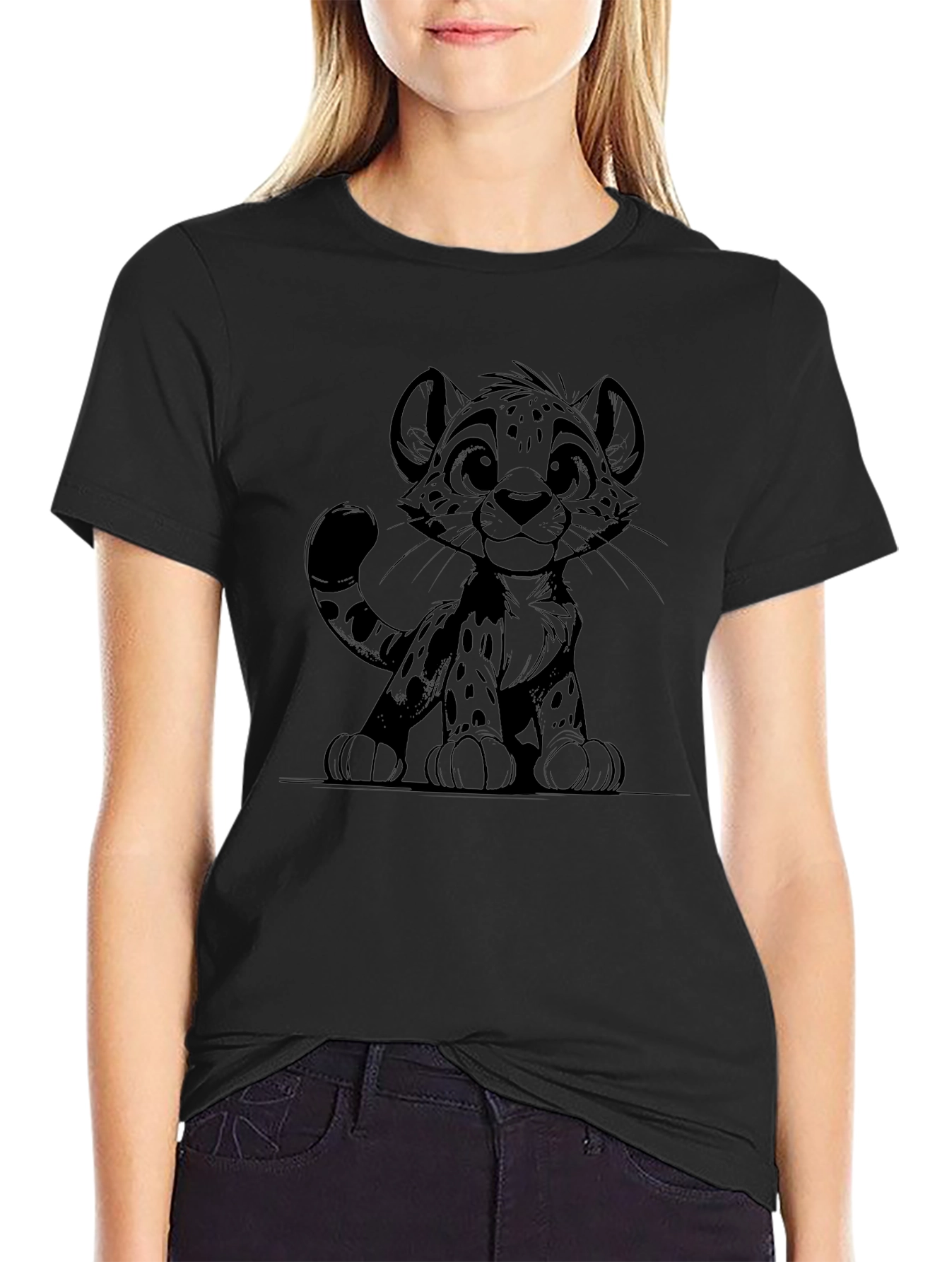Cute Cartoon Cheetah Graphic Tee - Black T-Shirt