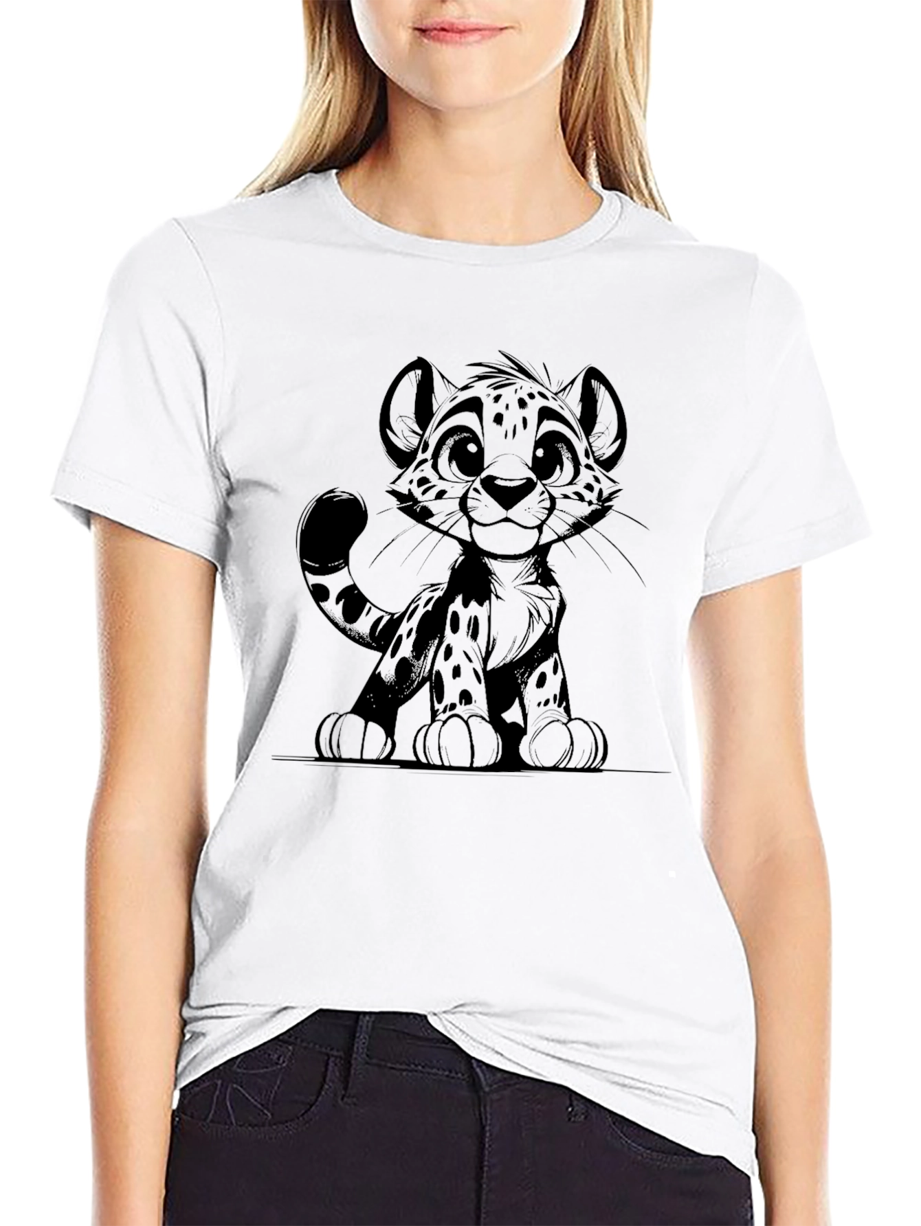 Cute Cartoon Cheetah Graphic Tee - Black T-Shirt