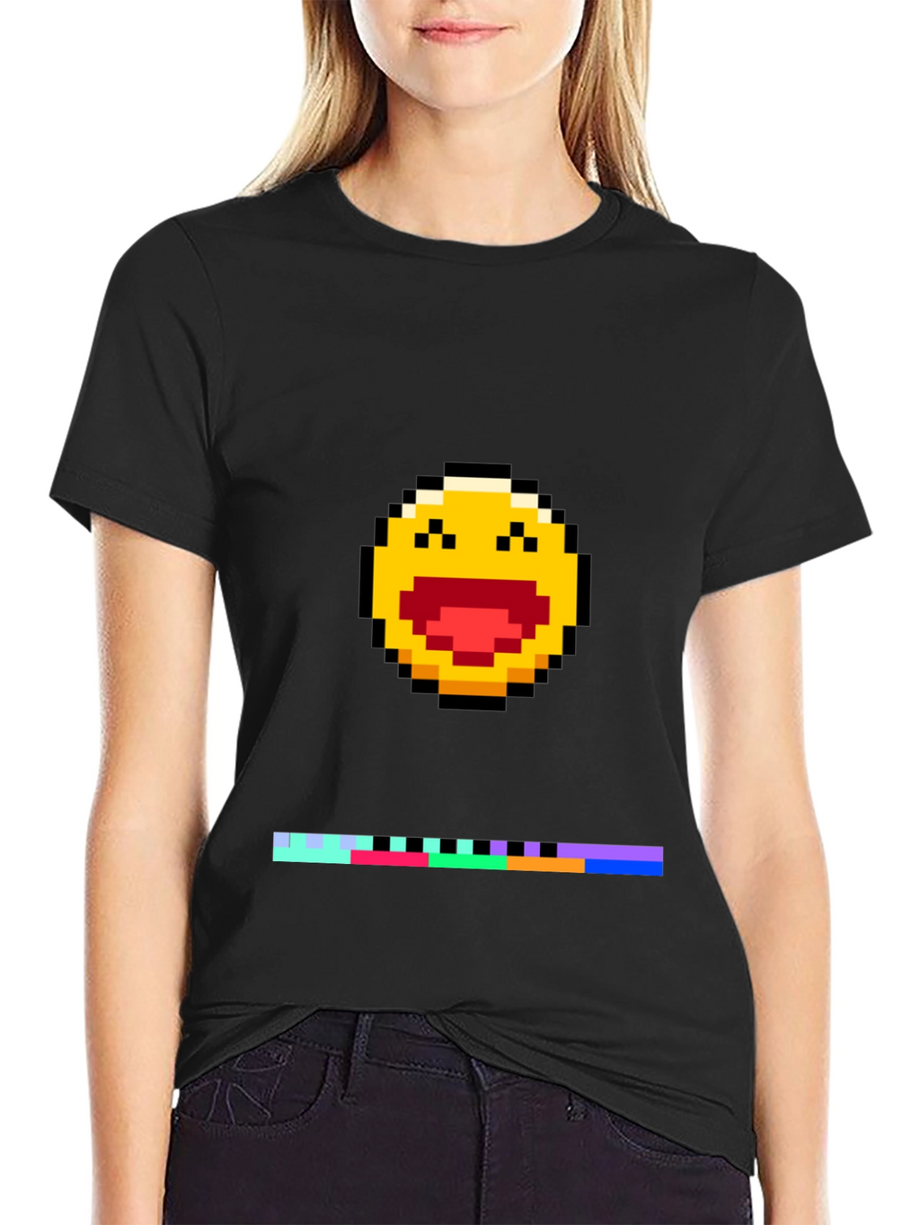 Pixel Laughing Emoji Tee - Black Crew Neck