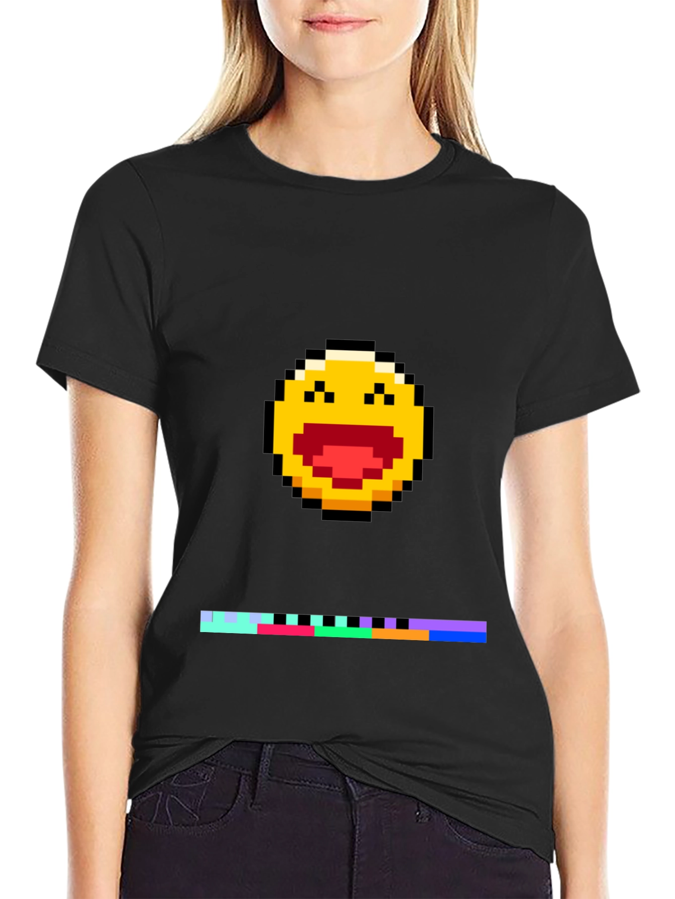 Pixel Laughing Emoji Tee - Black Crew Neck