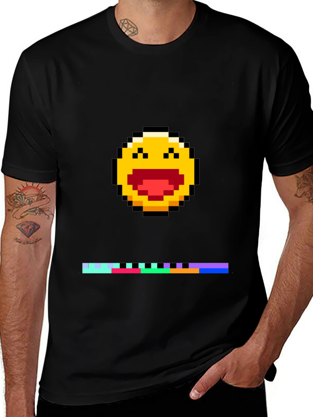Pixel Laughing Emoji Tee - Black Crew Neck