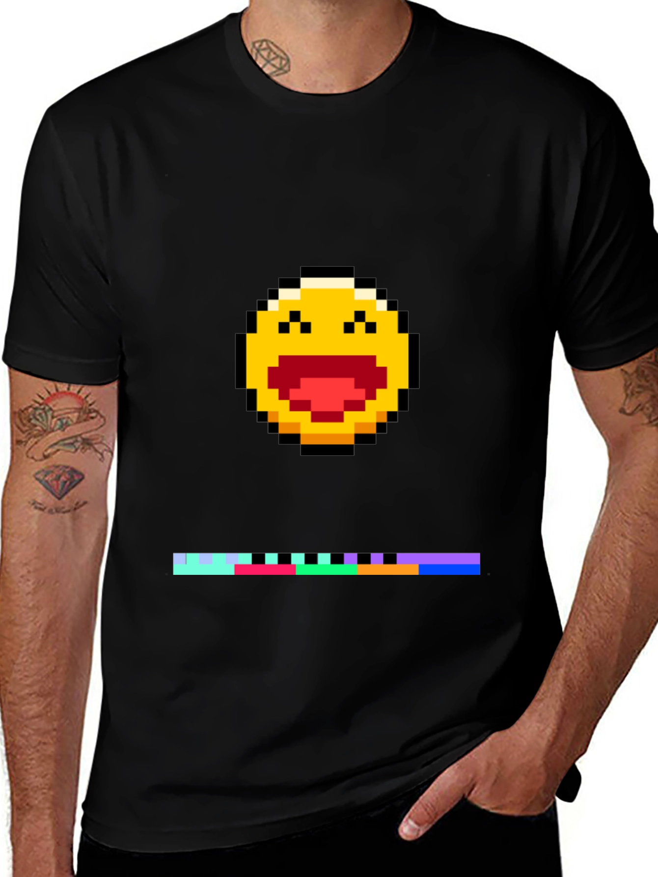 Pixel Laughing Emoji Tee - Black Crew Neck
