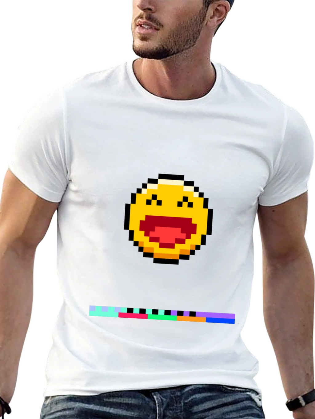 Pixel Laughing Emoji Tee - Black Crew Neck