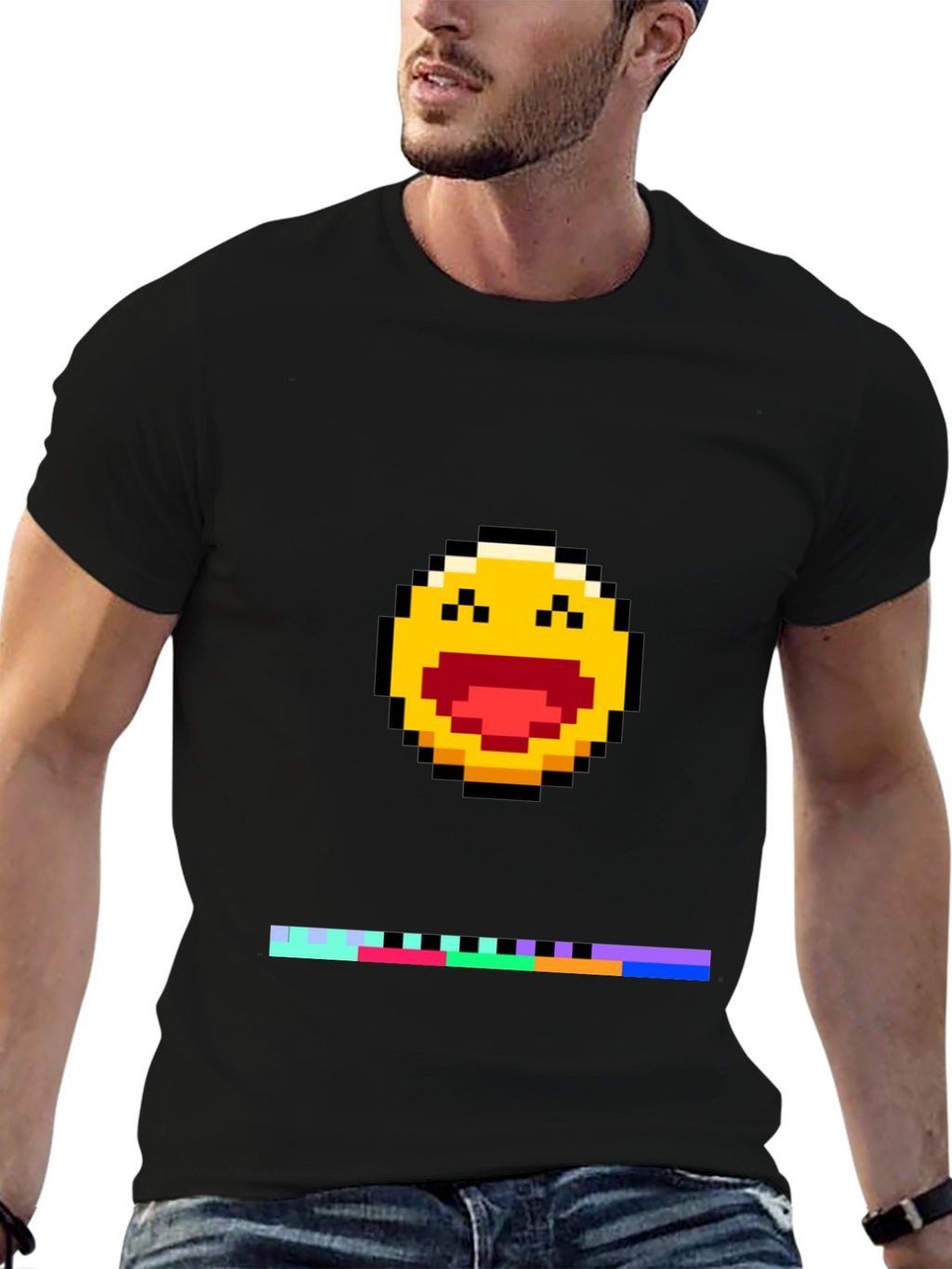 Pixel Laughing Emoji Tee - Black Crew Neck
