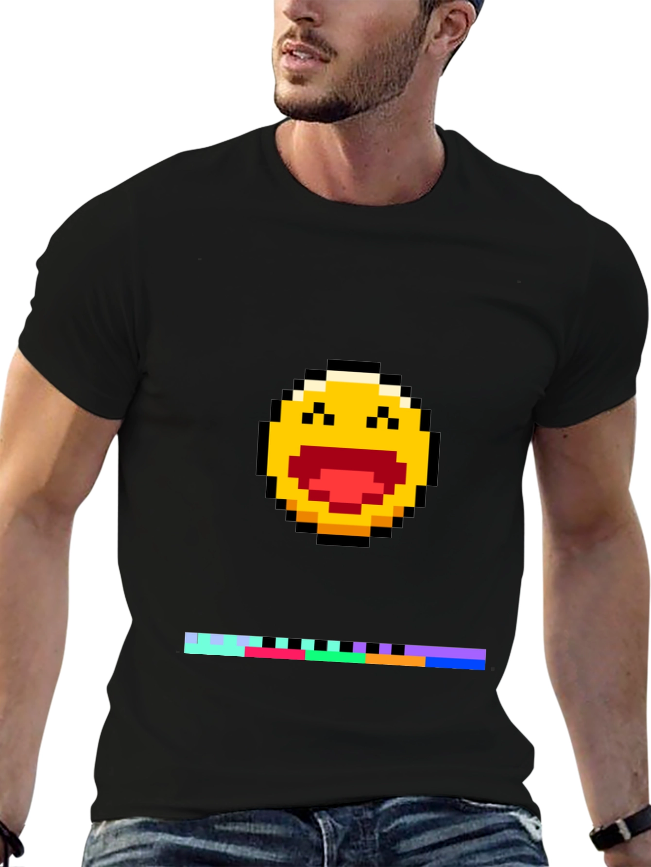Pixel Laughing Emoji Tee - Black Crew Neck
