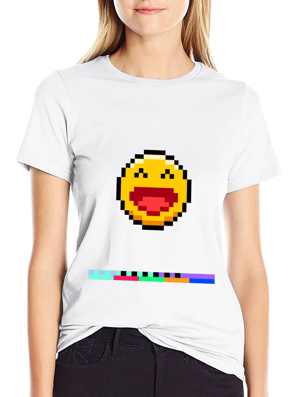 Pixel Laughing Emoji Tee - Black Crew Neck