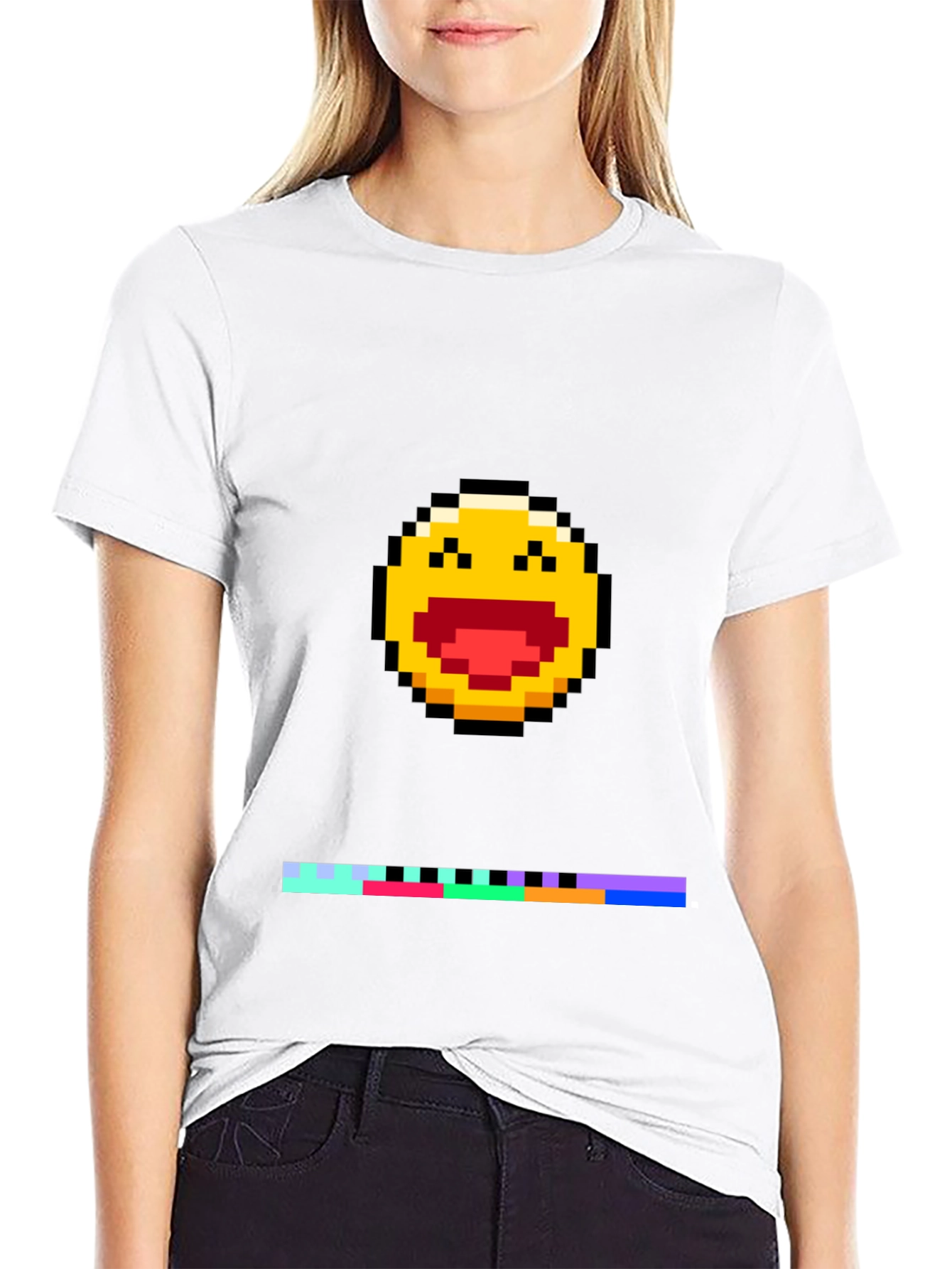 Pixel Laughing Emoji Tee - Black Crew Neck