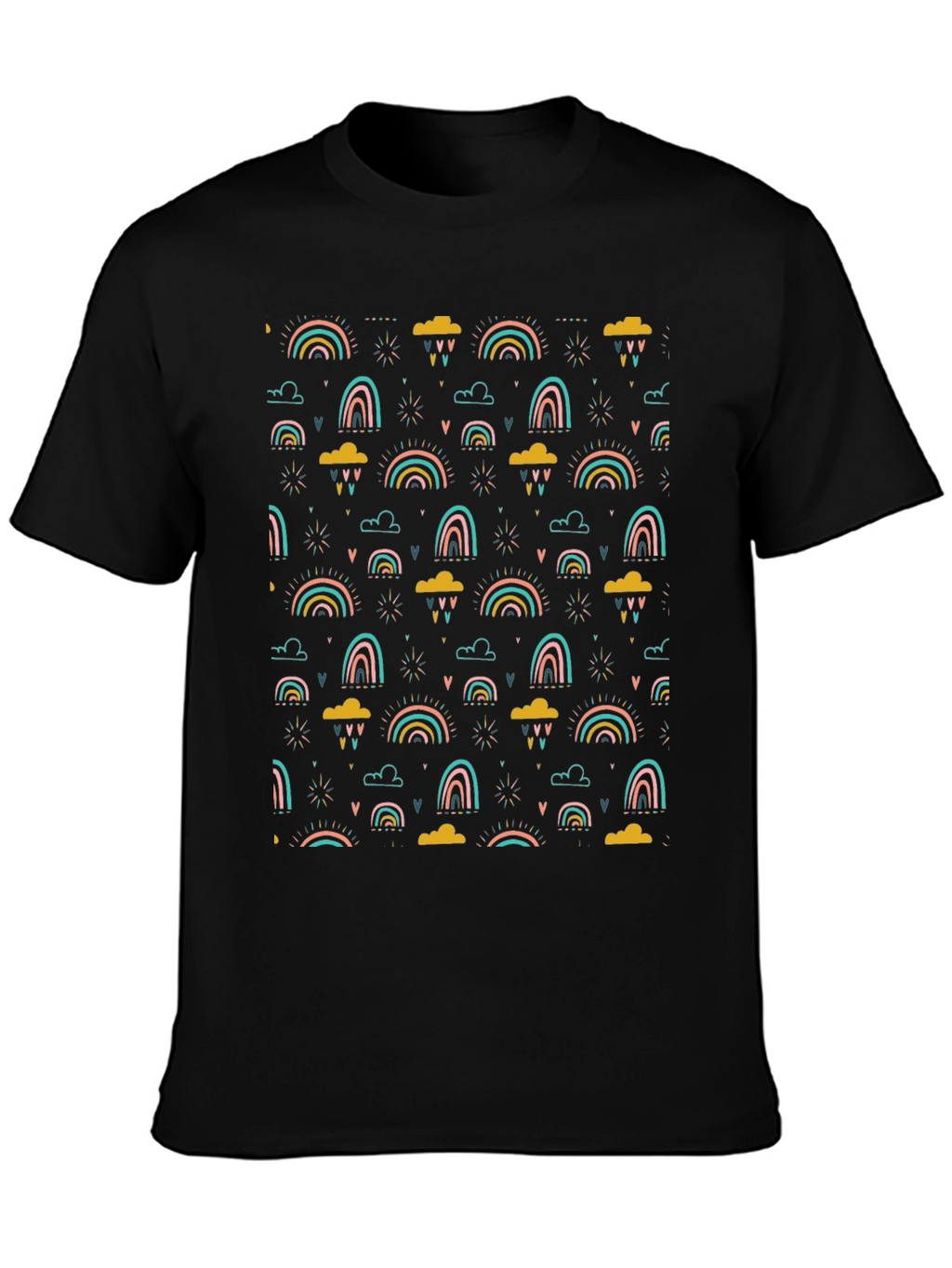 Rainbow Cloud Print T-Shirt - Stylish Black Tee