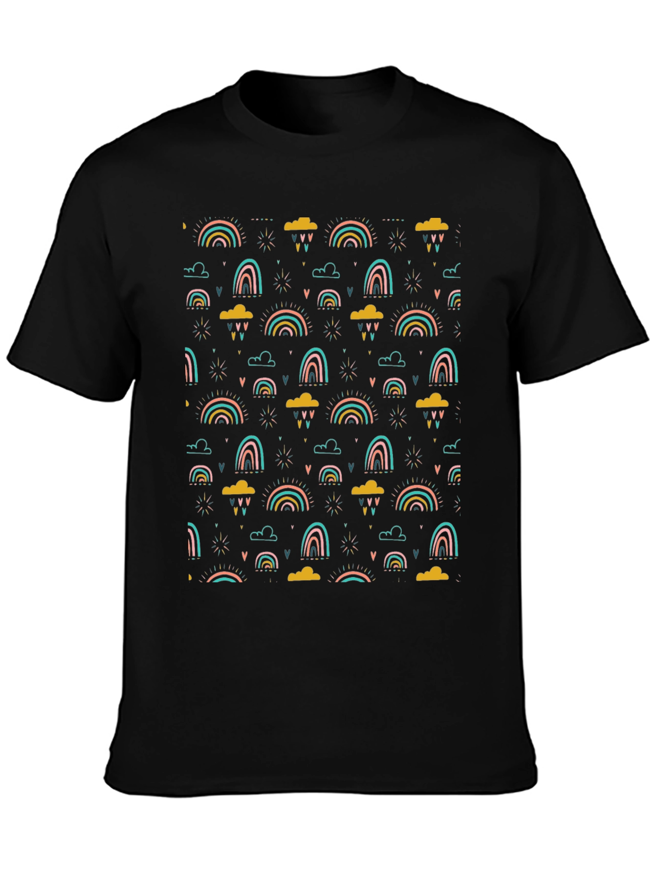 Rainbow Cloud Print T-Shirt - Stylish Black Tee