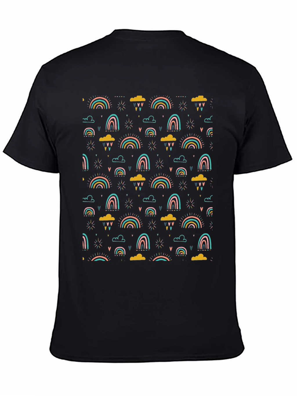 Rainbow Cloud Print T-Shirt - Stylish Black Tee