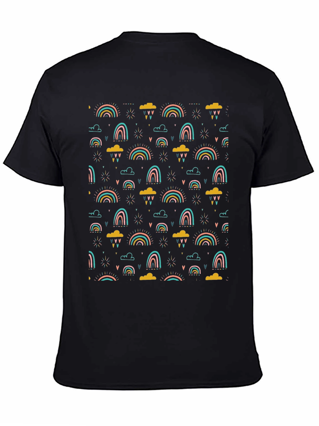 Rainbow Cloud Print T-Shirt - Stylish Black Tee