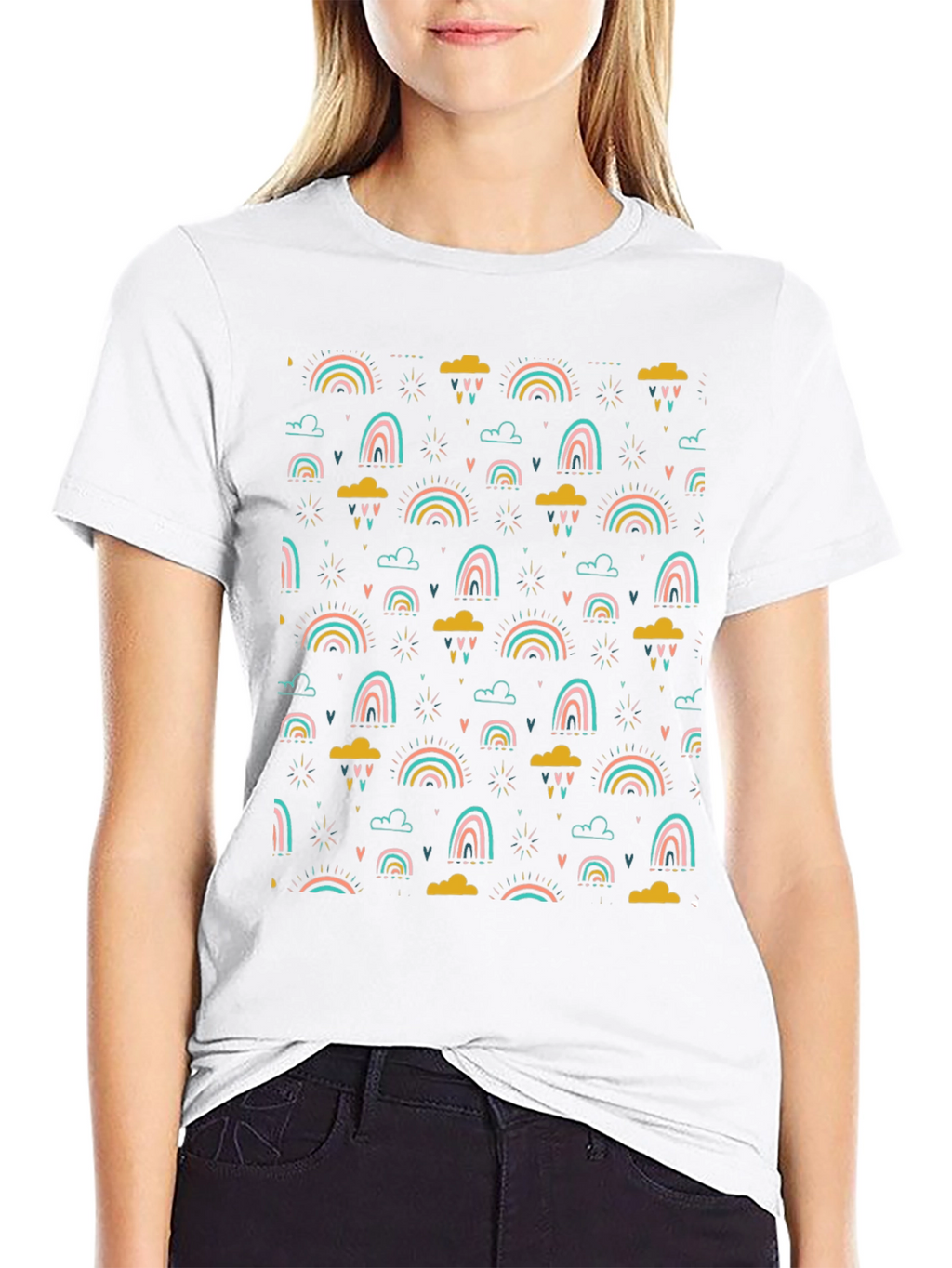 Rainbow Cloud Print T-Shirt - Stylish Black Tee