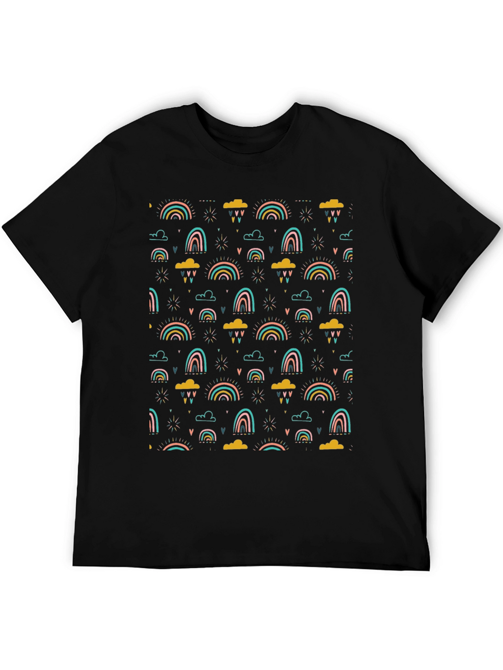 Rainbow Cloud Print T-Shirt - Stylish Black Tee