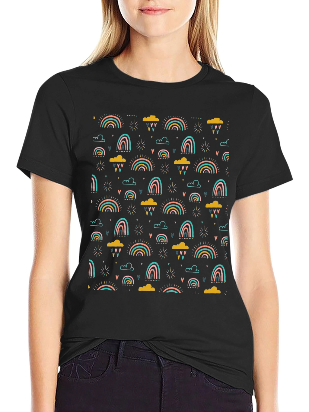 Rainbow Cloud Print T-Shirt - Stylish Black Tee
