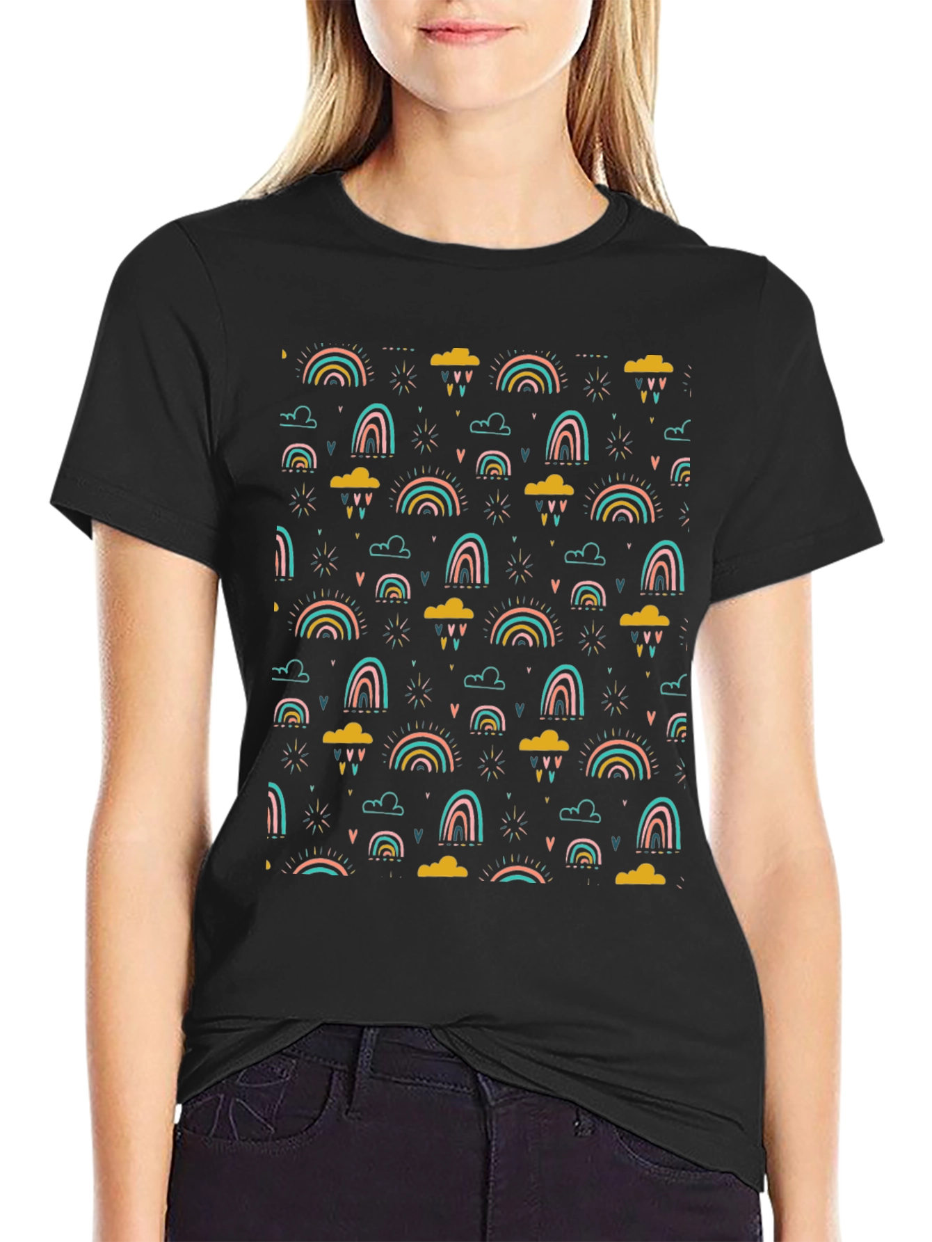Rainbow Cloud Print T-Shirt - Stylish Black Tee
