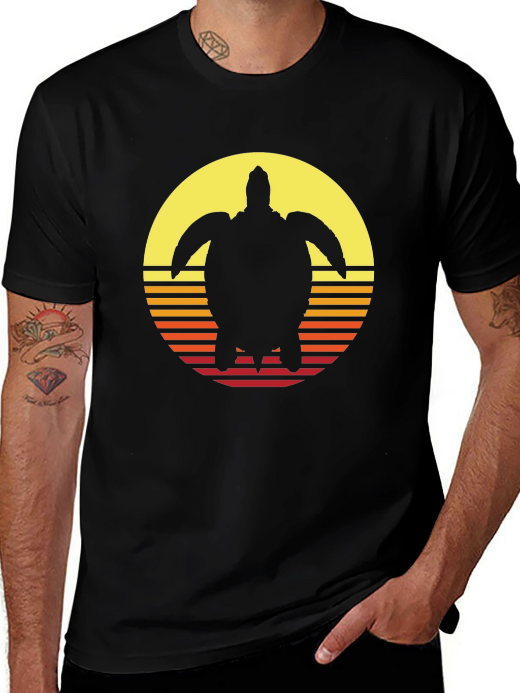 Sunset Turtle Graphic Tee - Retro Style Black T-Shirt