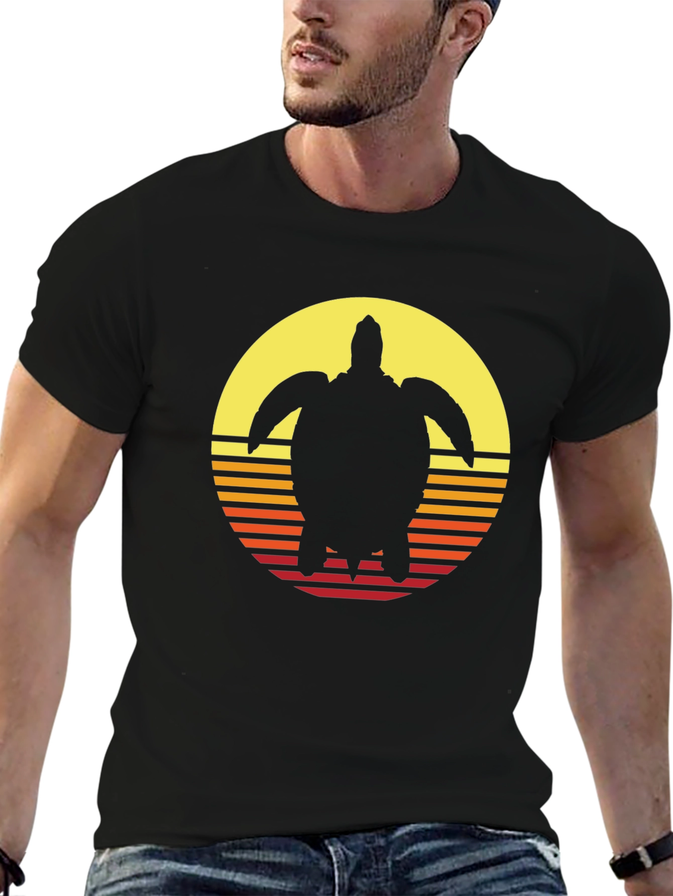 Sunset Turtle Graphic Tee - Retro Style Black T-Shirt