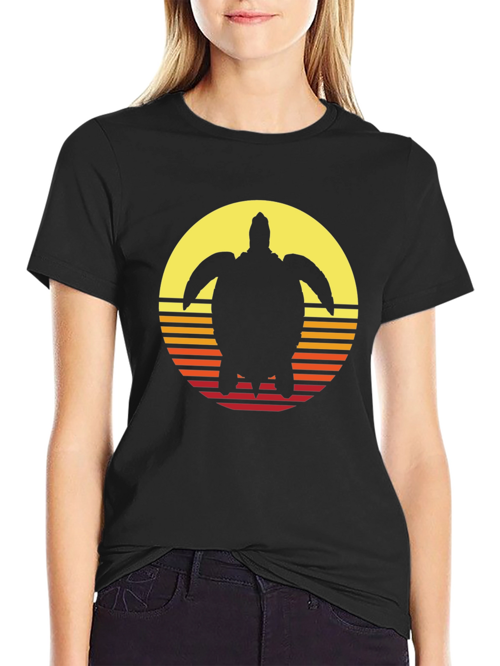 Sunset Turtle Graphic Tee - Retro Style Black T-Shirt