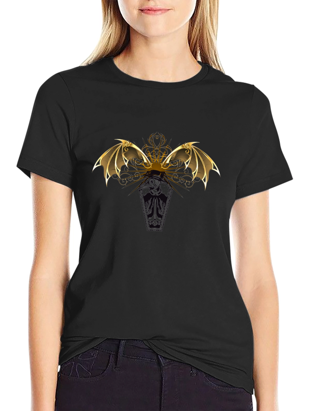 Gothic Bat Wing Coffin T-Shirt - Black