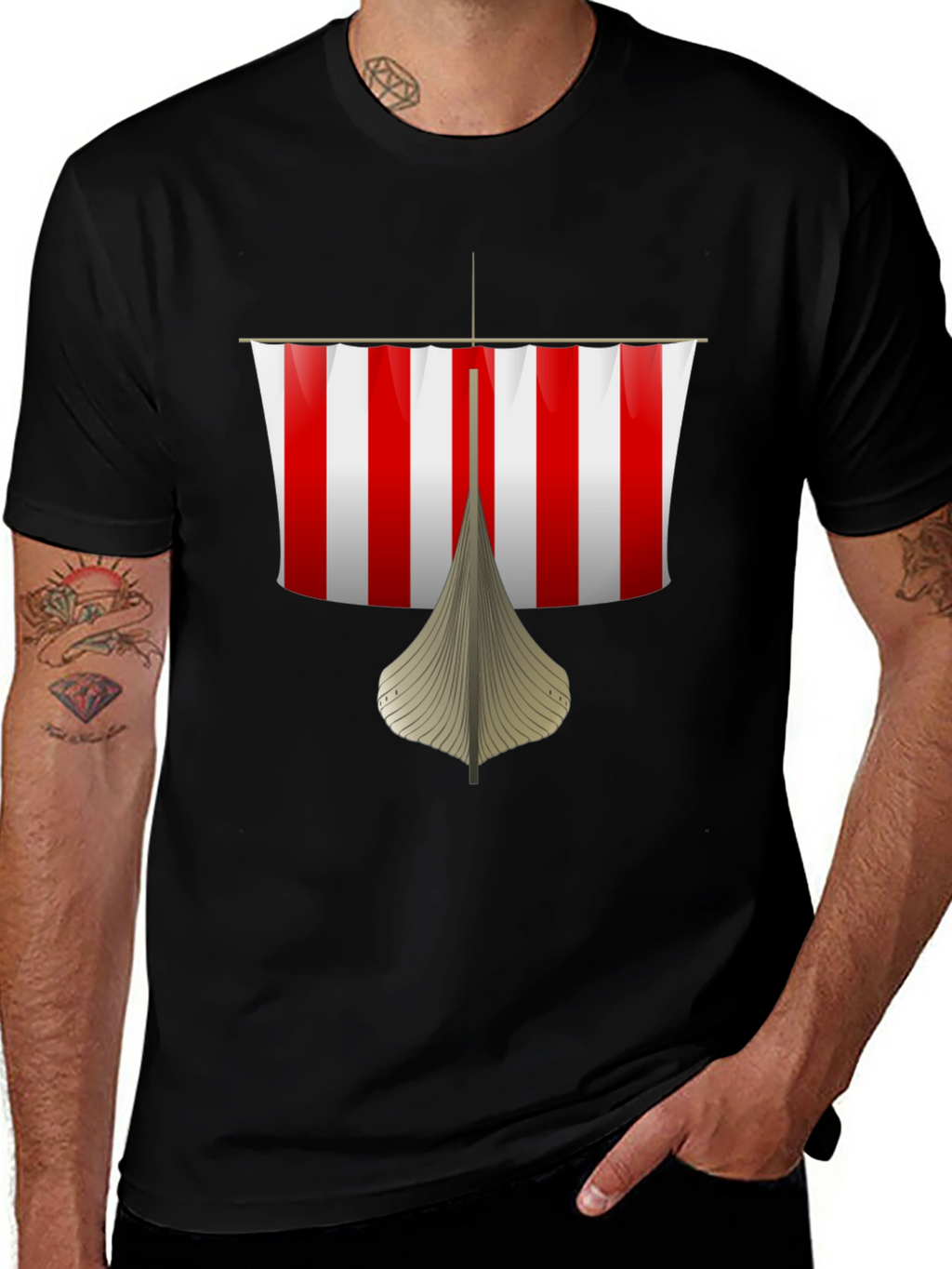 Viking Ship Graphic Tee - Black Cotton T-Shirt