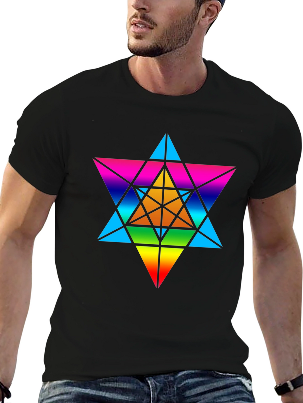Rainbow Geometric Star T-Shirt - Unisex Black Tee