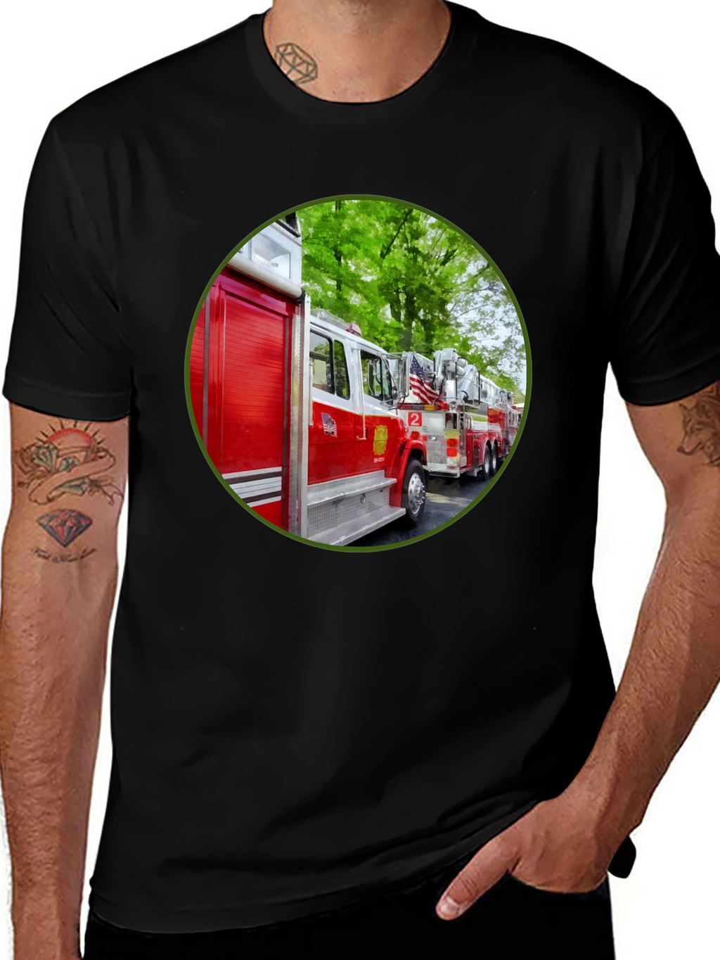 Fire Truck Graphic Tee - Black Cotton Blend