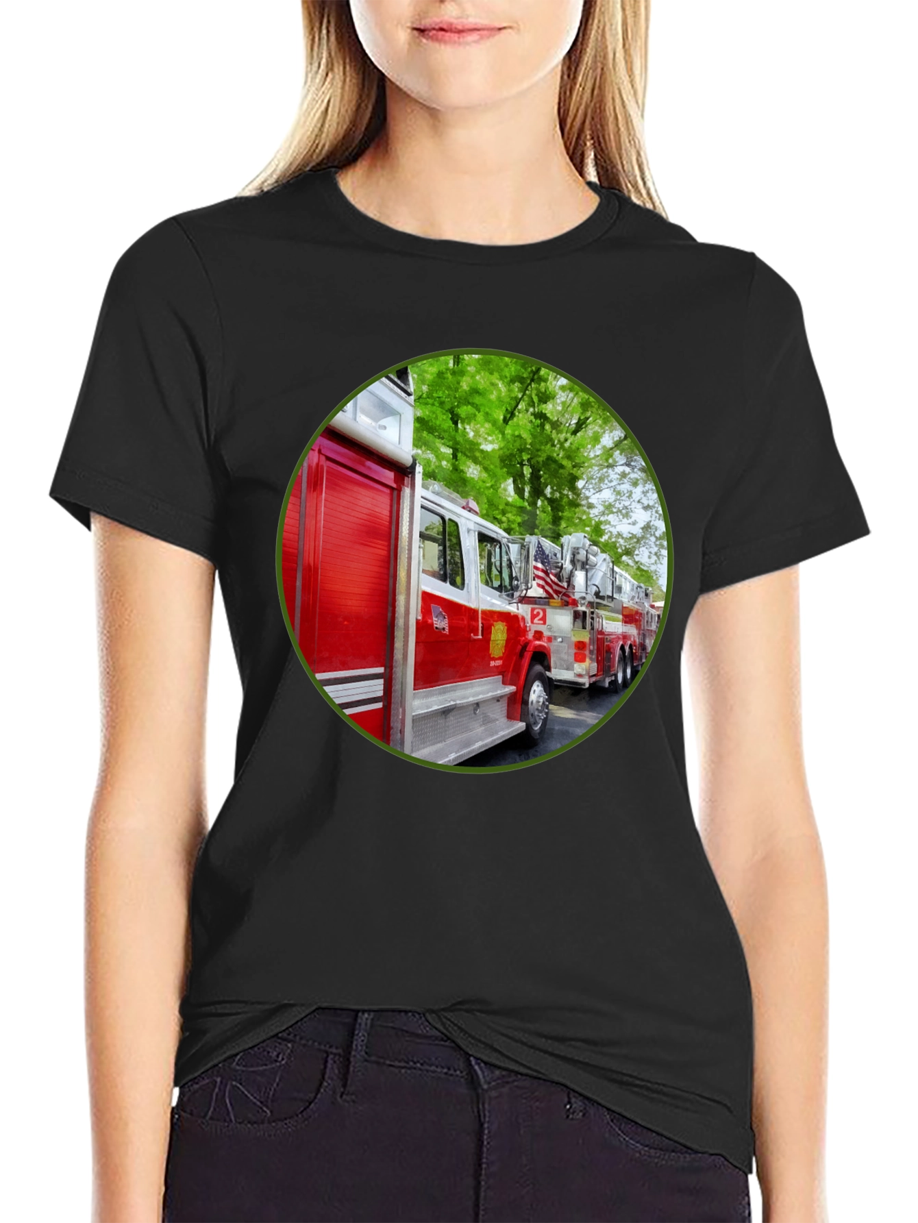 Fire Truck Graphic Tee - Black Cotton Blend