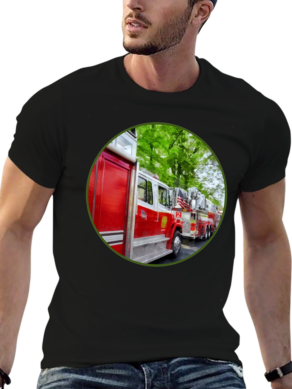 Fire Truck Graphic Tee - Black Cotton Blend