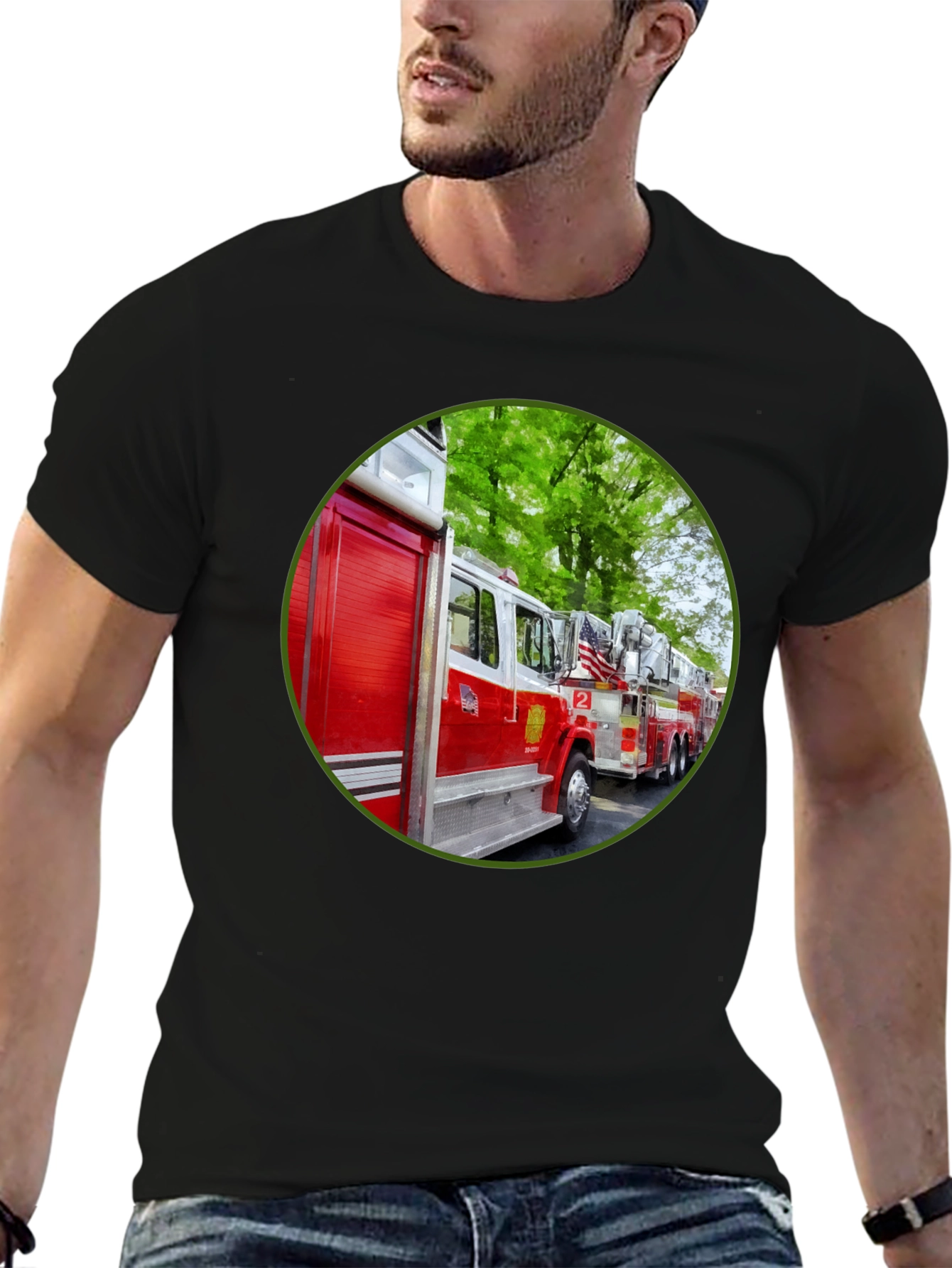 Fire Truck Graphic Tee - Black Cotton Blend
