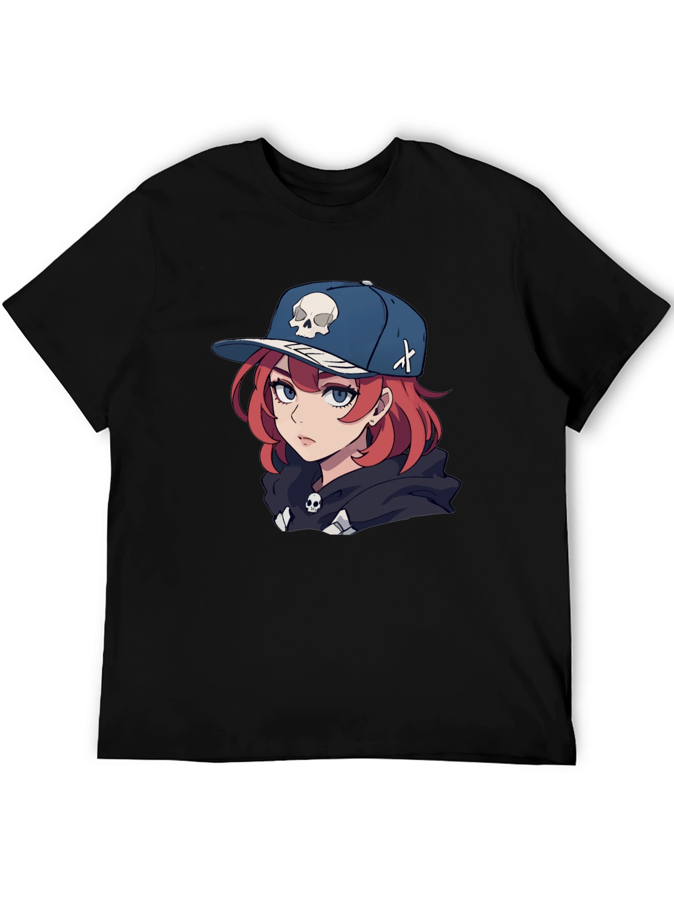Anime Girl Skull Hat Graphic Black T-Shirt