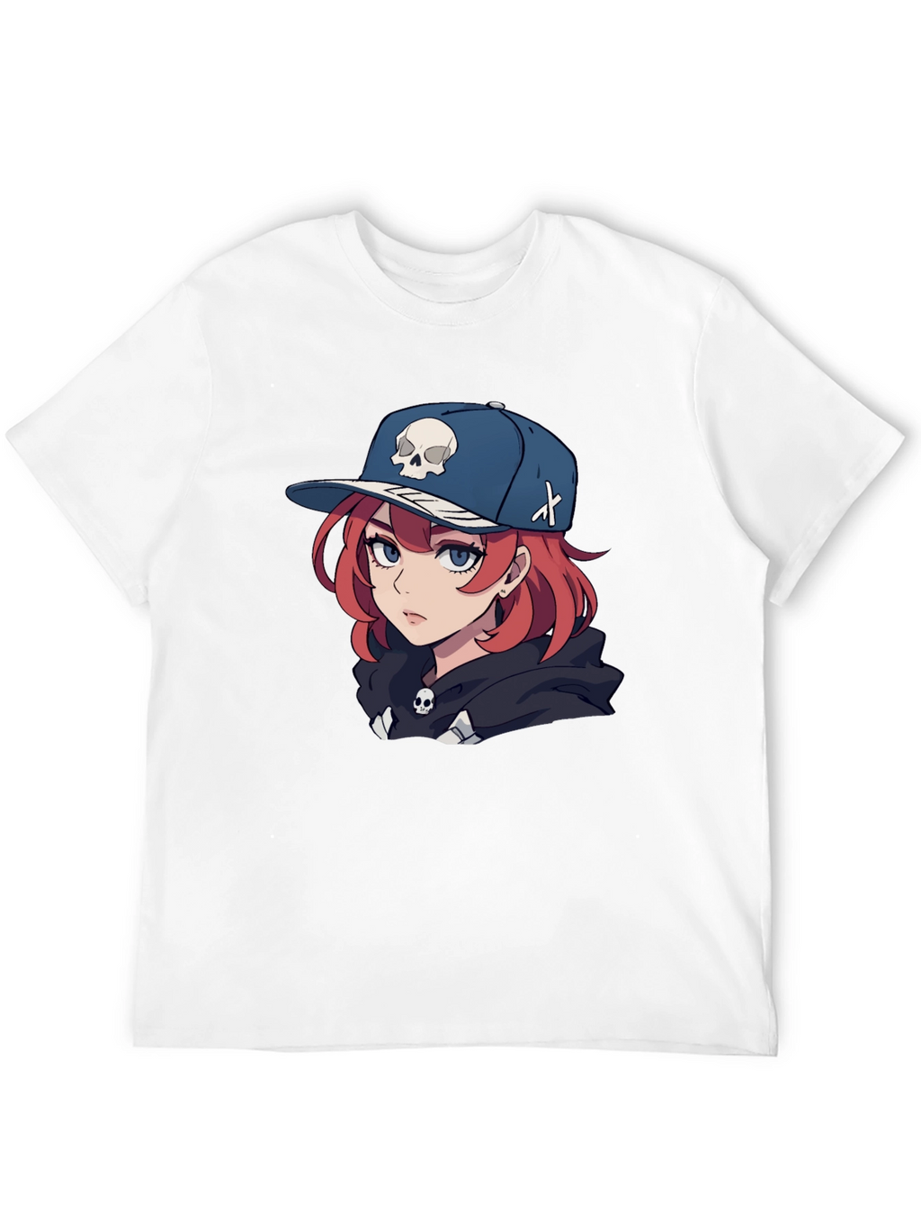 Anime Girl Skull Hat Graphic Black T-Shirt