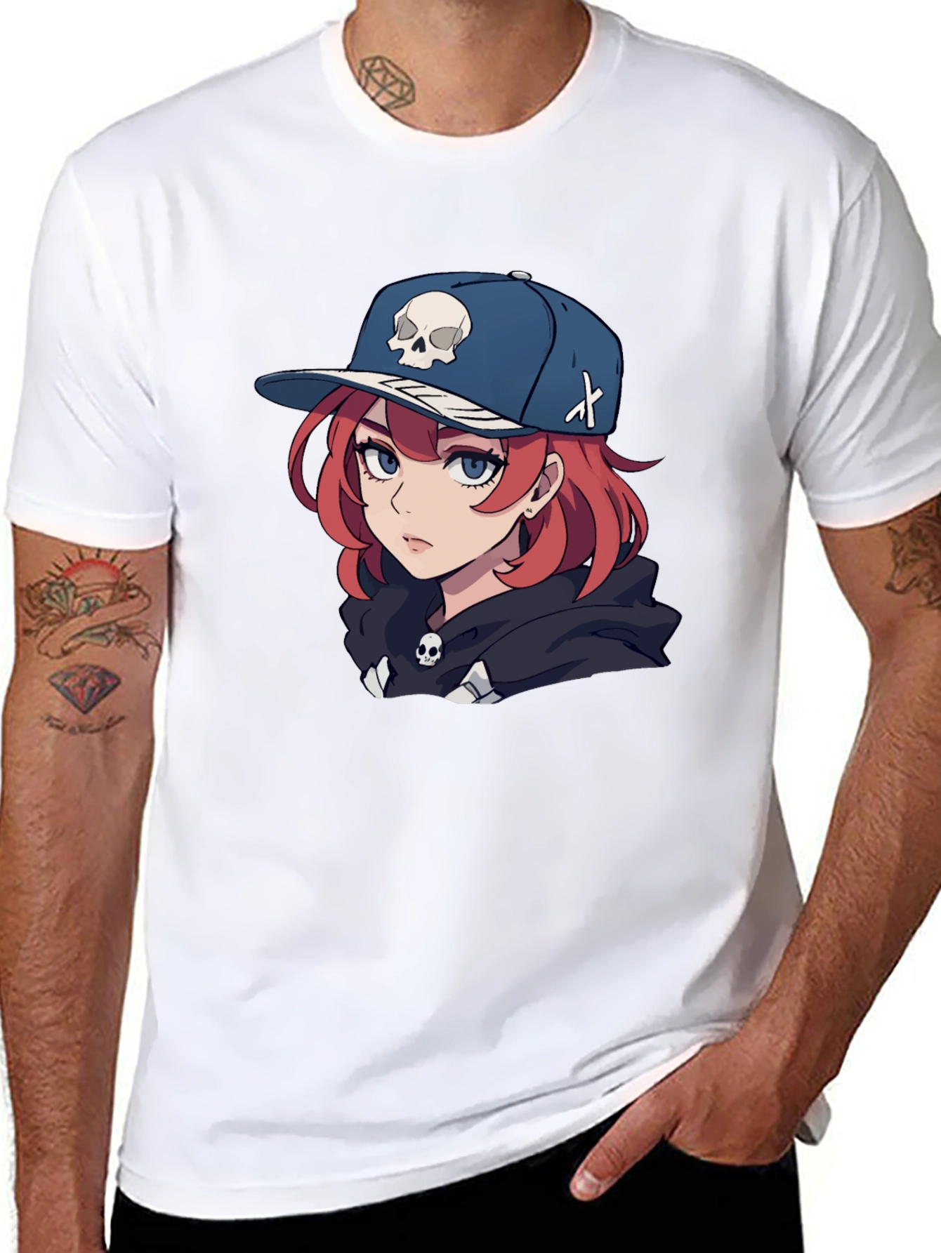 Anime Girl Skull Hat Graphic Black T-Shirt