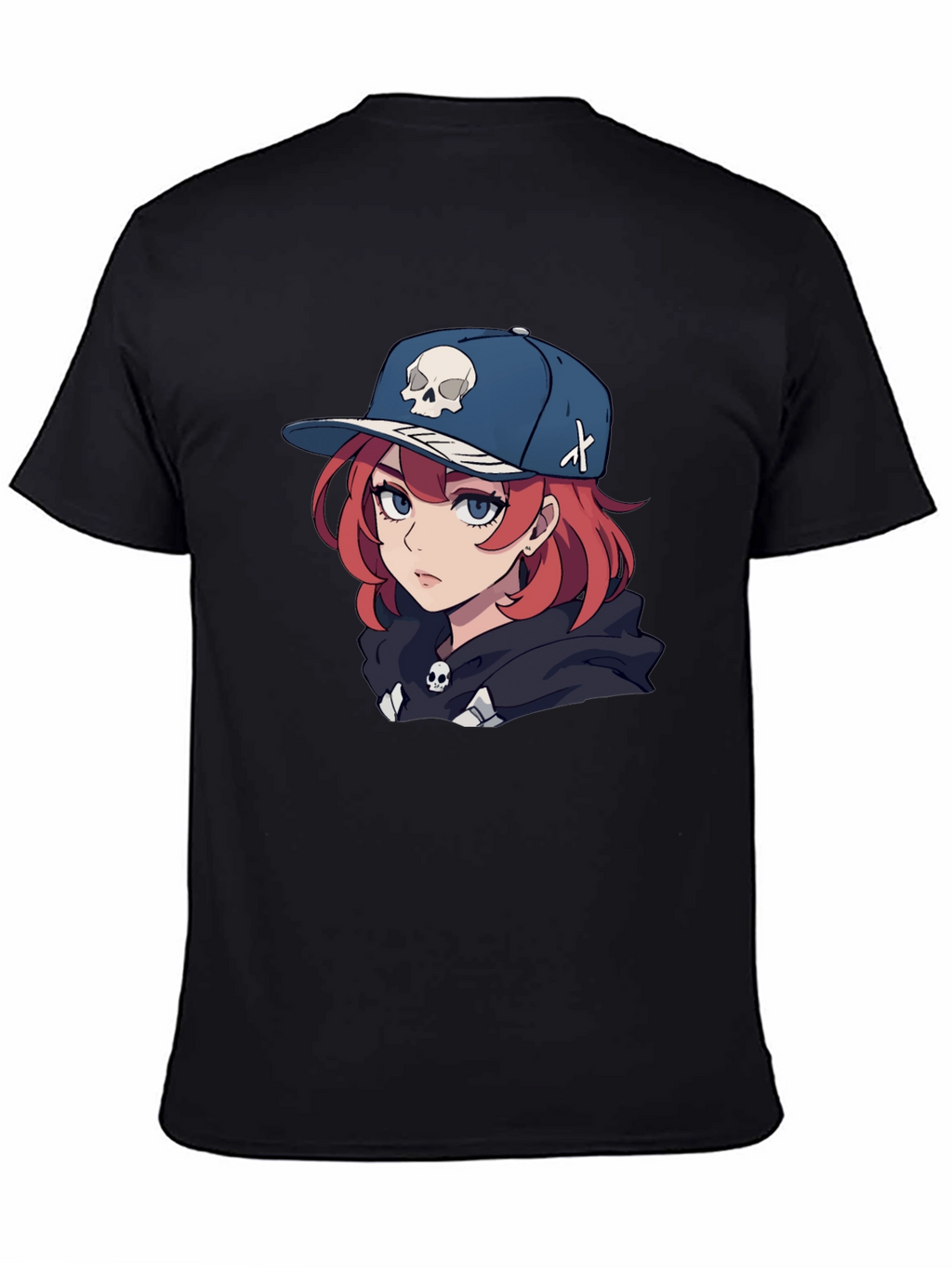 Anime Girl Skull Hat Graphic Black T-Shirt