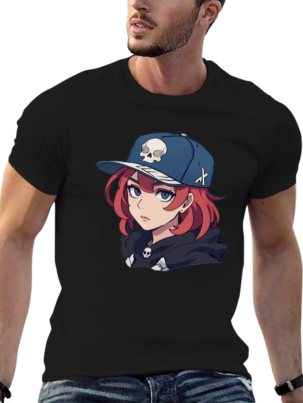 Anime Girl Skull Hat Graphic Black T-Shirt