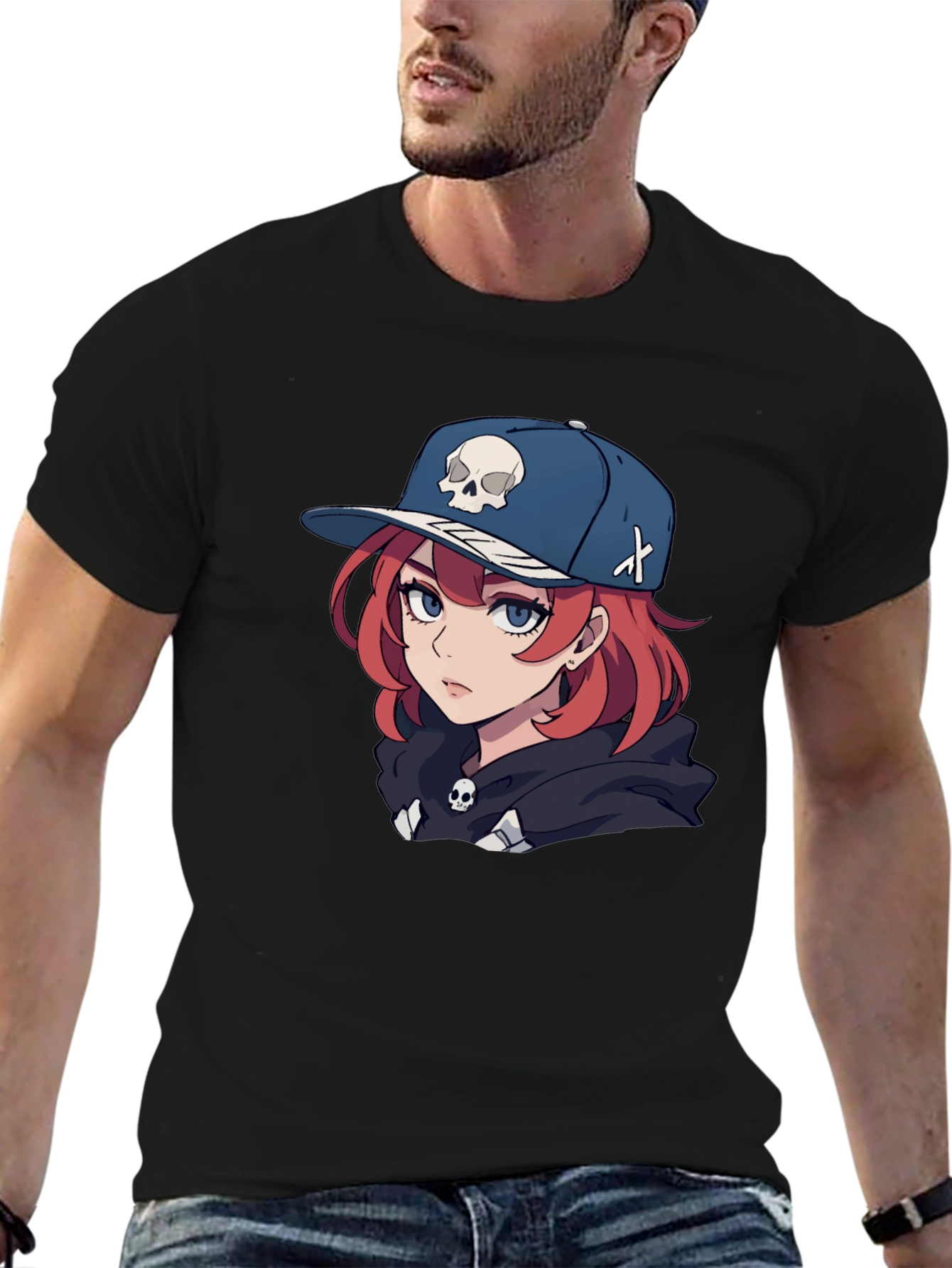 Anime Girl Skull Hat Graphic Black T-Shirt