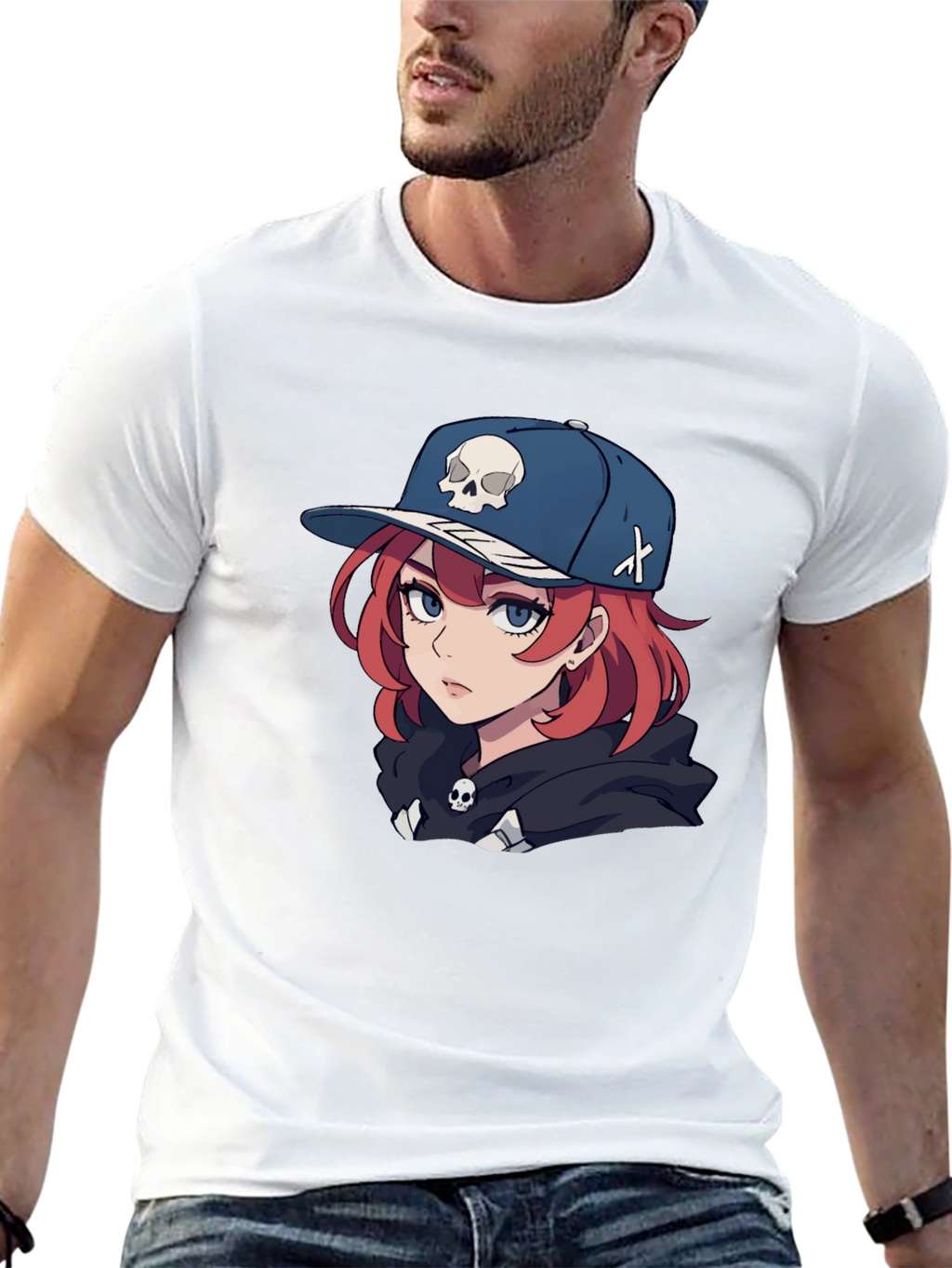 Anime Girl Skull Hat Graphic Black T-Shirt