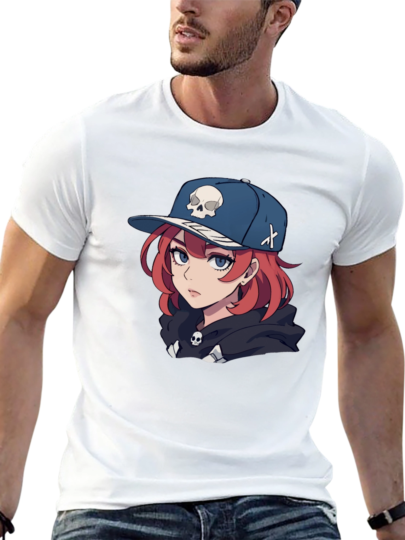 Anime Girl Skull Hat Graphic Black T-Shirt